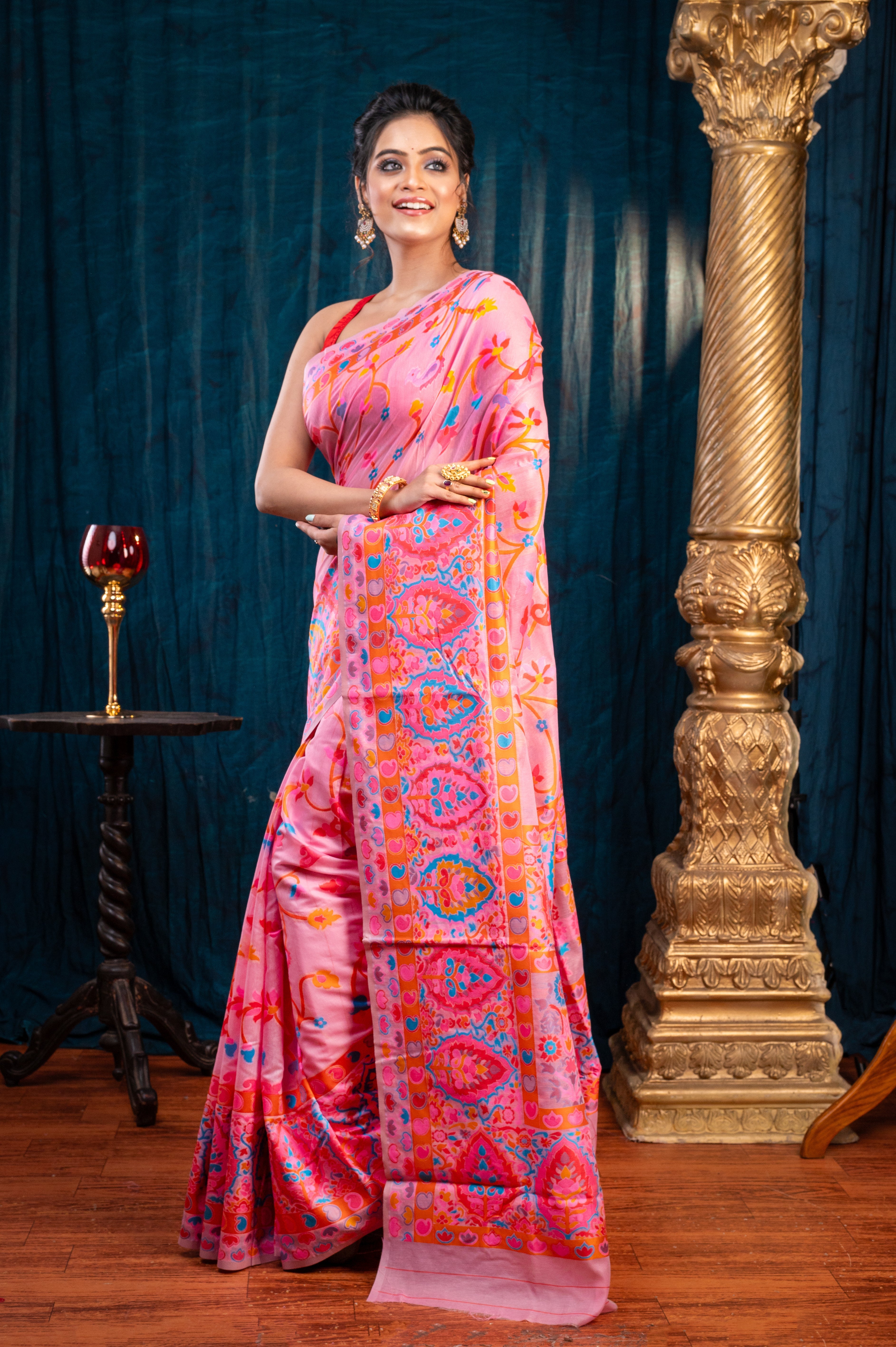 Women's Pink Banarasi Soft Silk Saree With Multicolor Kashmiri Motifs - Aanika