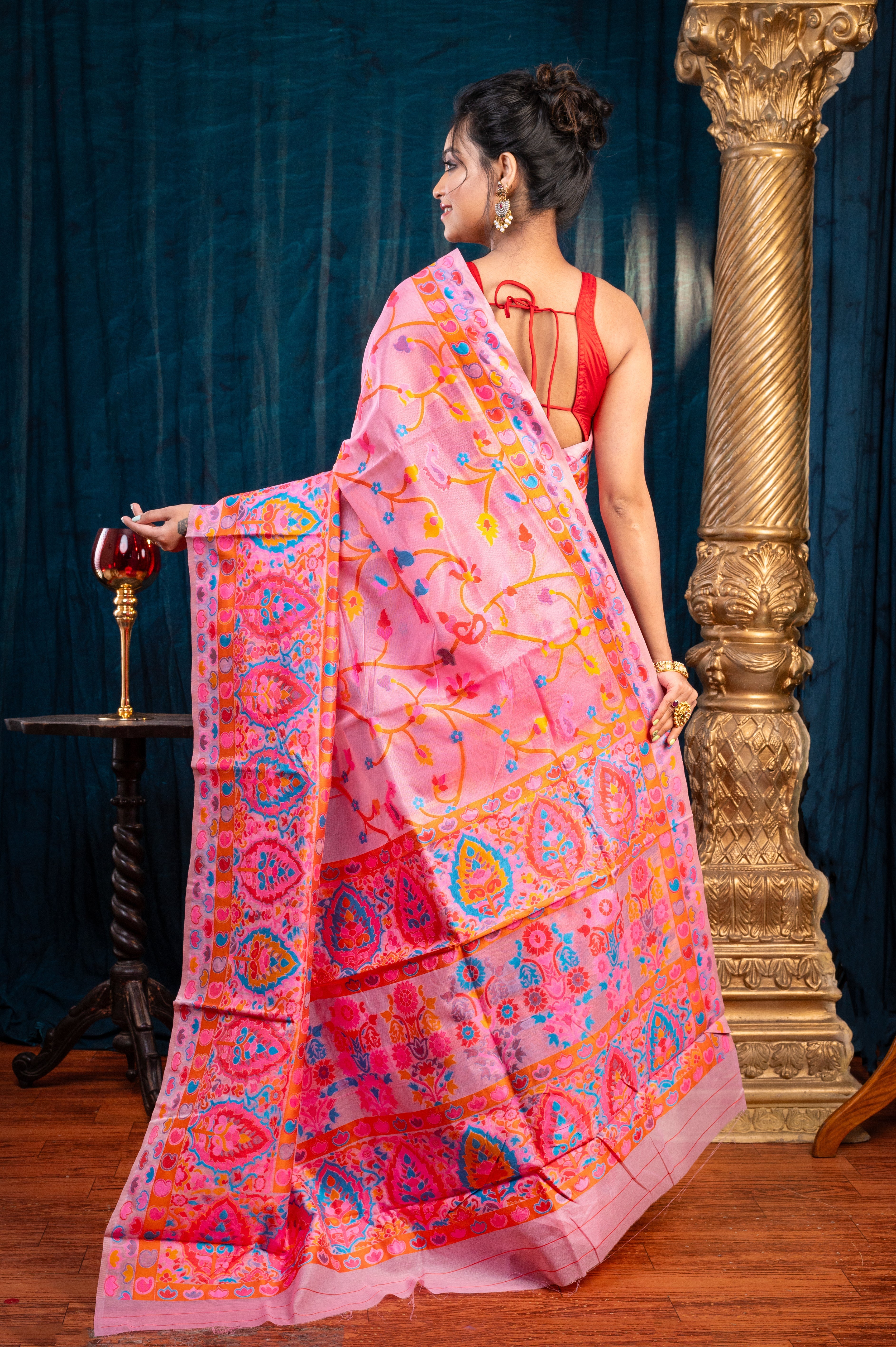 Women's Pink Banarasi Soft Silk Saree With Multicolor Kashmiri Motifs - Aanika