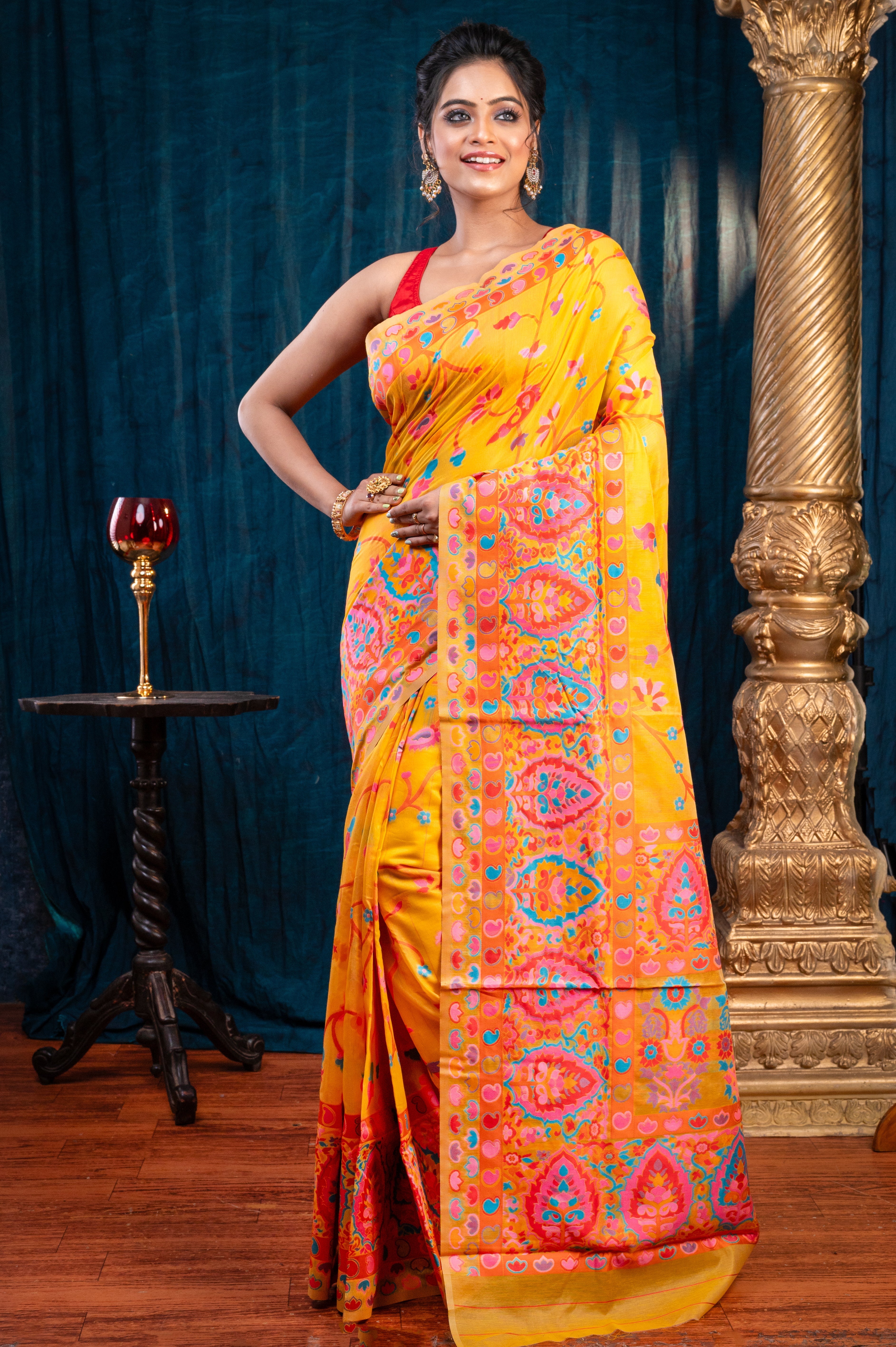 Women's Yellow Banarasi Soft Silk Saree With Multicolor Kashmiri Motifs - Aanika