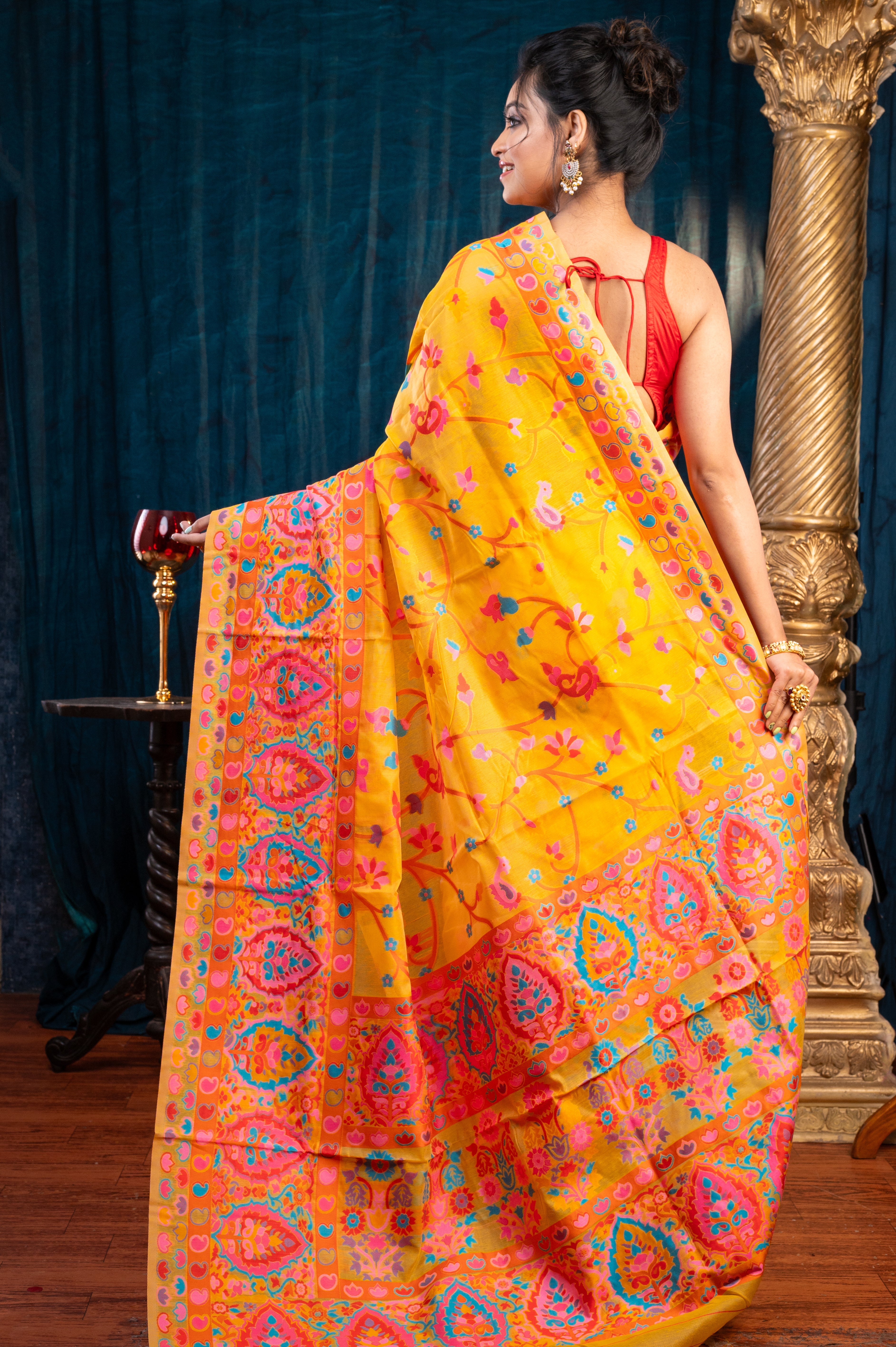 Women's Yellow Banarasi Soft Silk Saree With Multicolor Kashmiri Motifs - Aanika