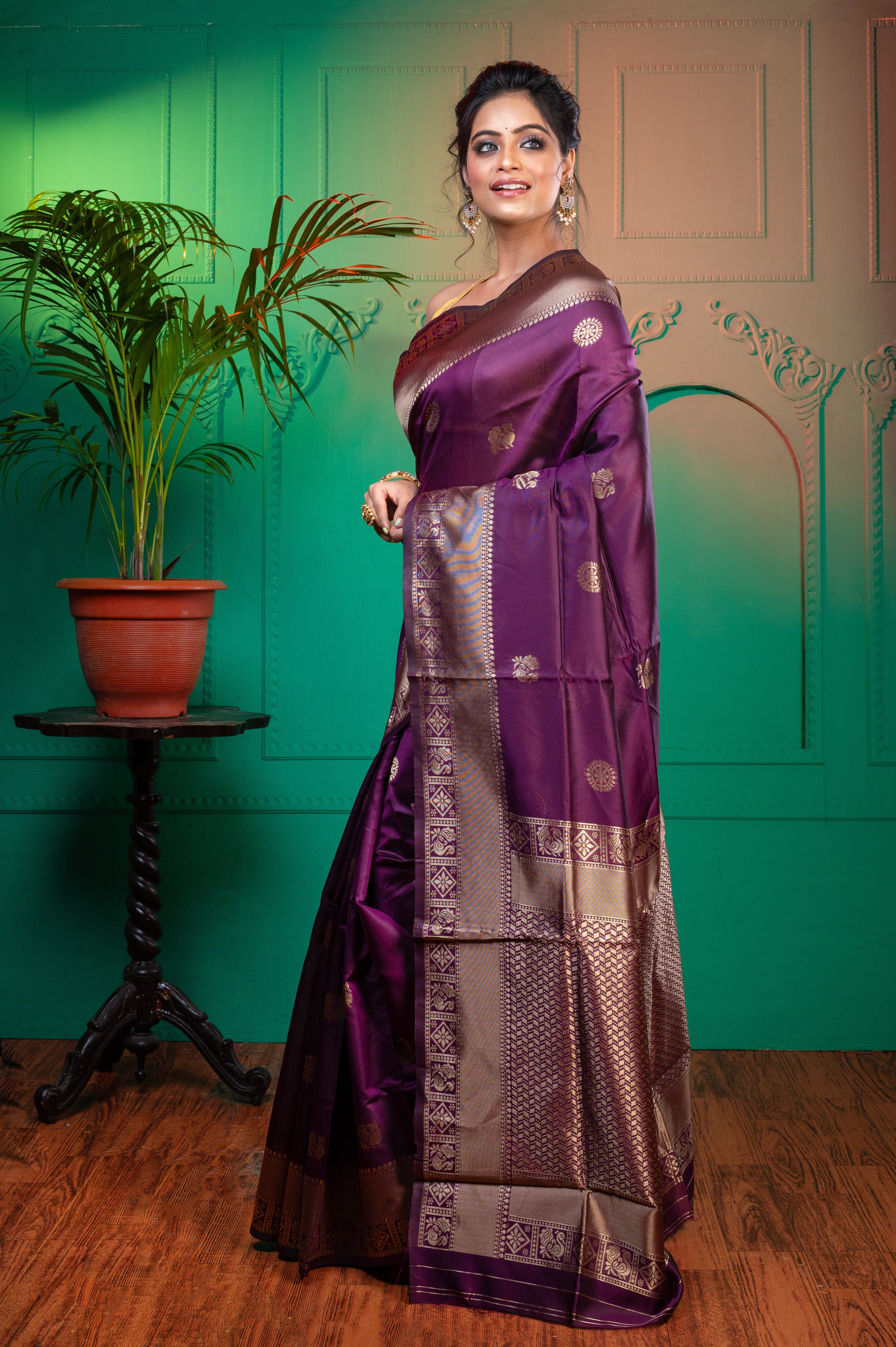 Women's Indigo Purple Soft Silk Saree With Golden Zari Border And Pallu - Aanika