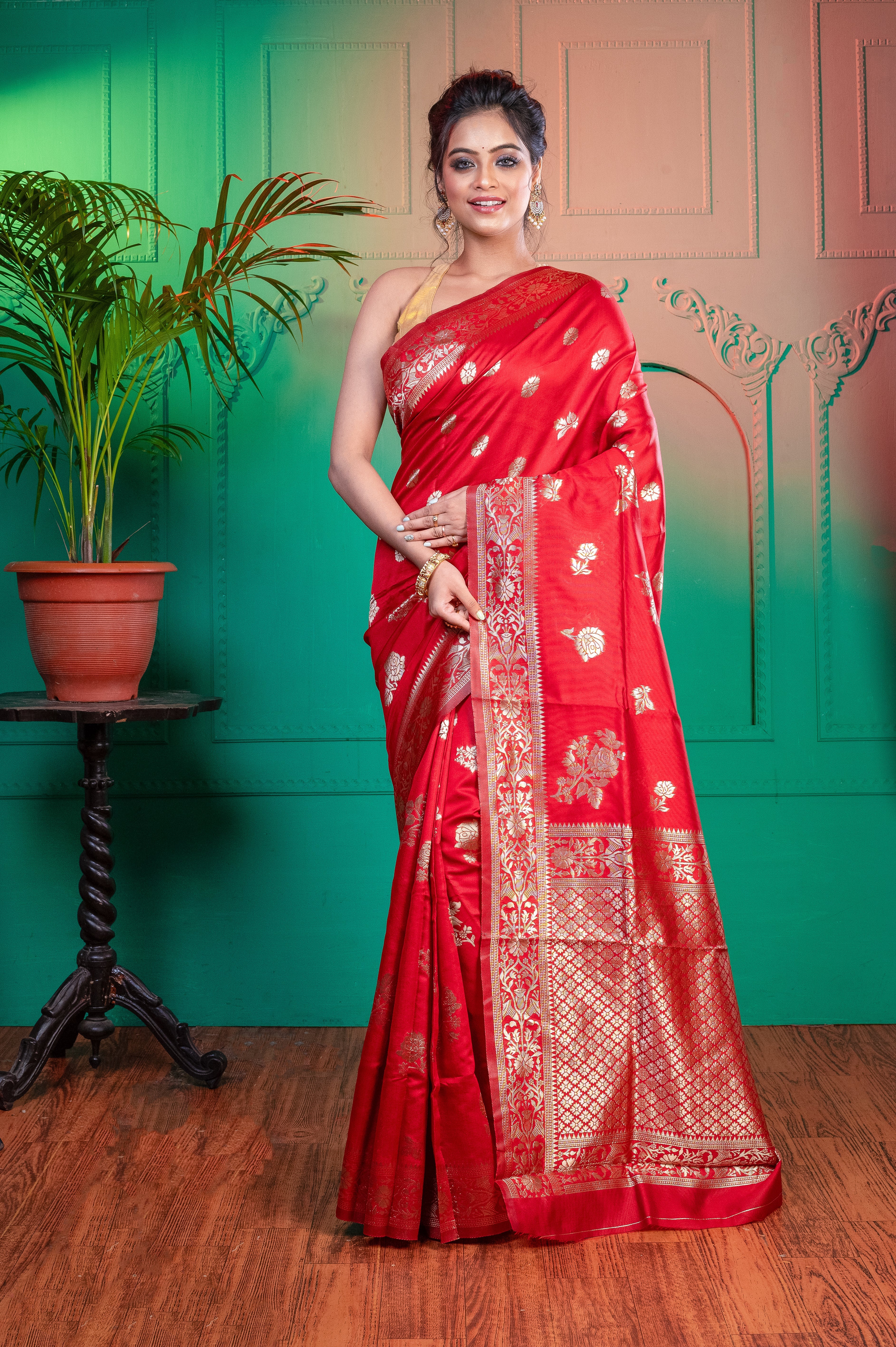 Women's Red Banarasi Soft Silk Saree With Jacquard Border - Aanika