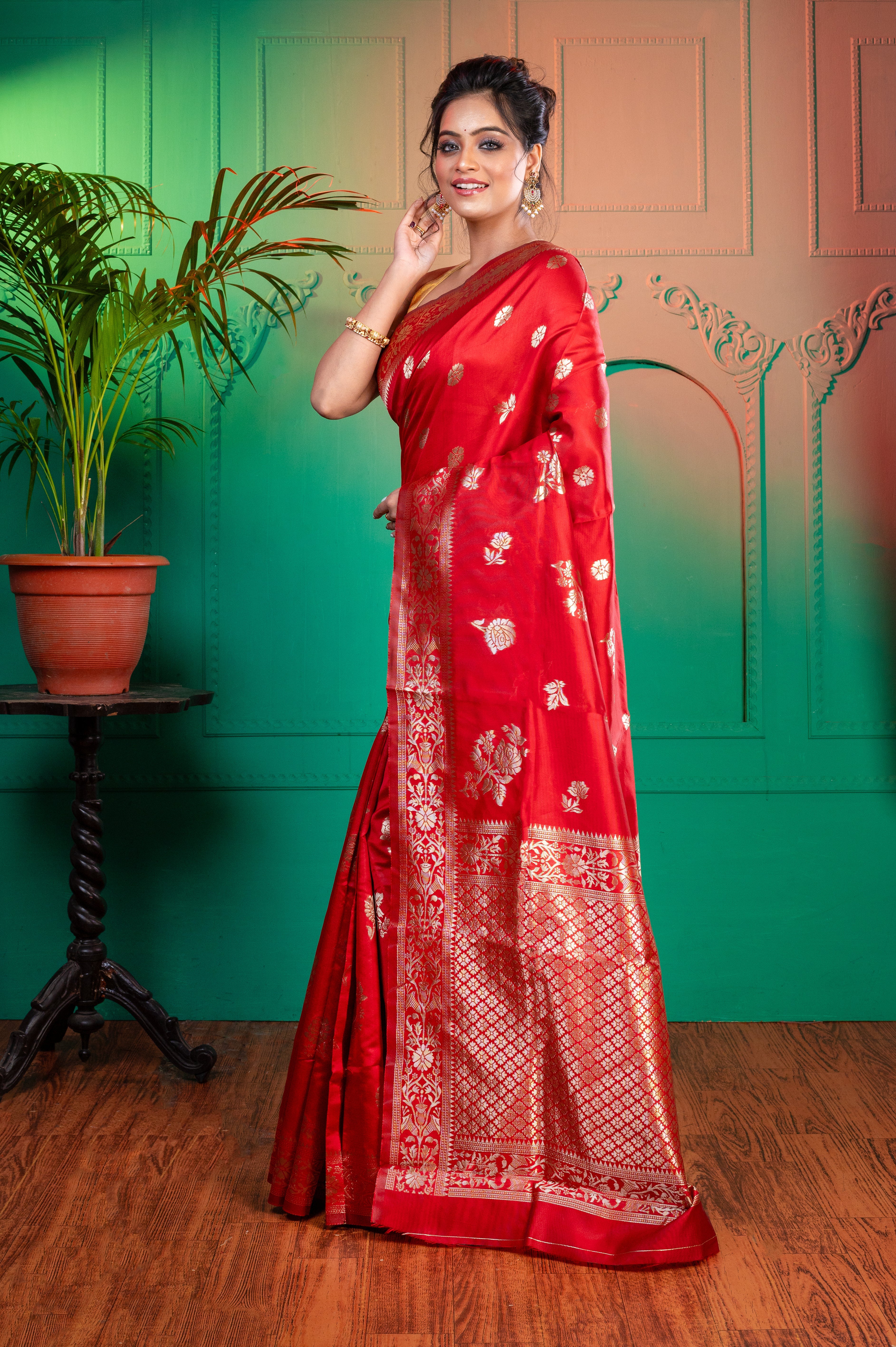 Women's Red Banarasi Soft Silk Saree With Jacquard Border - Aanika