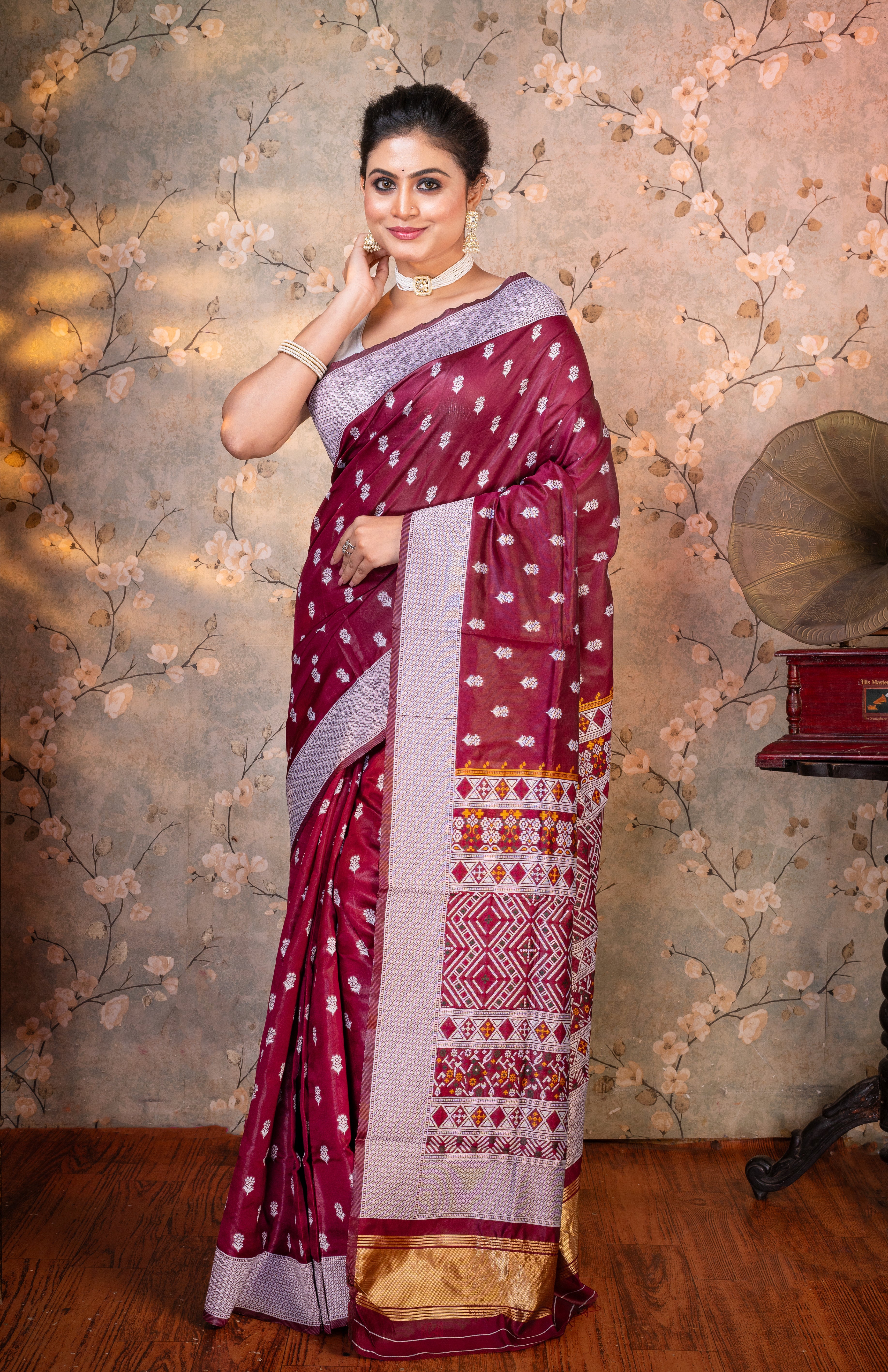 Women's Magenta Banarasi Soft Silk Saree With Silver Jacquard Border - Aanika