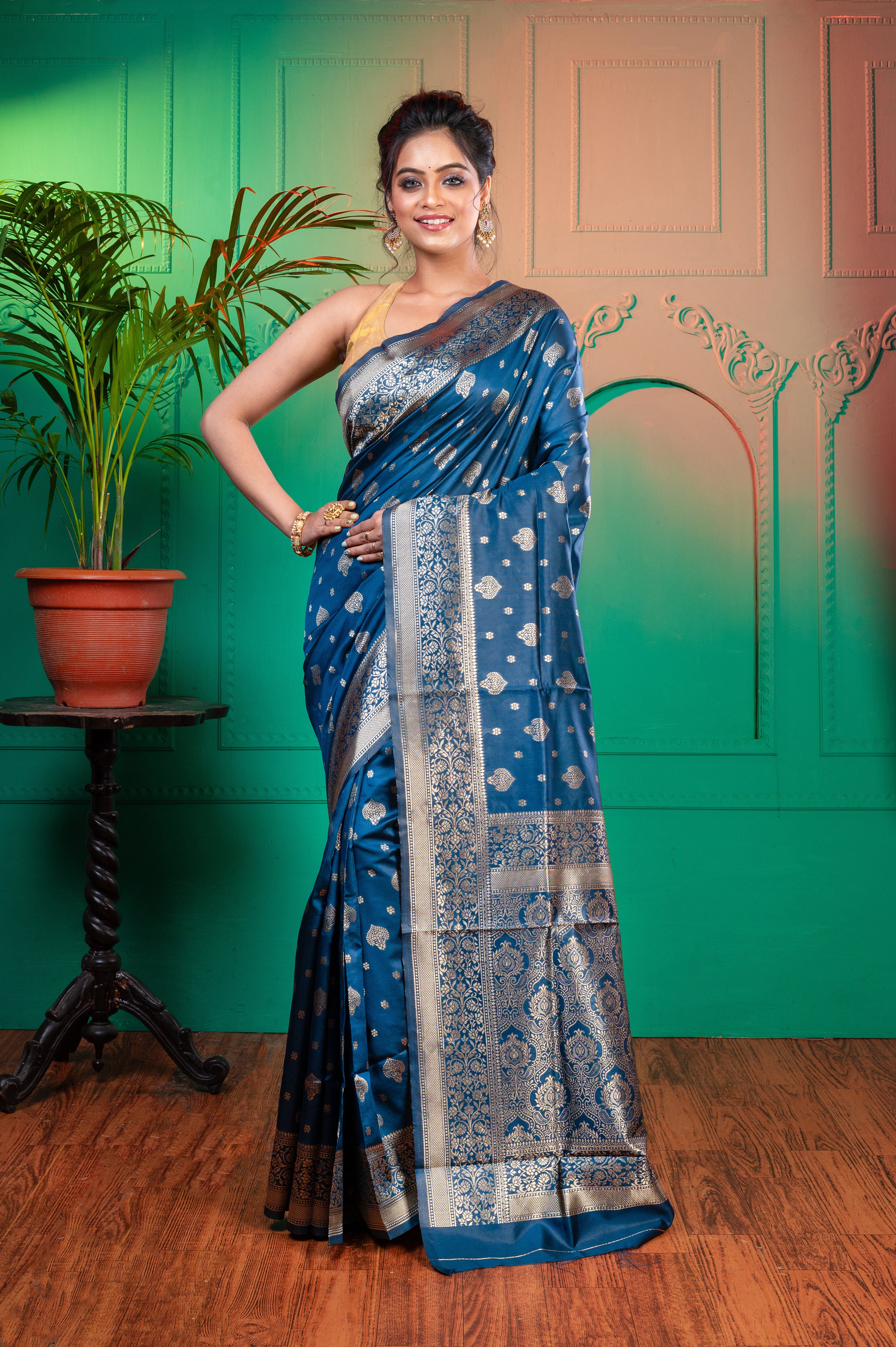 Women's Navy Blue Banarasi Soft Silk Saree With Jacquard Border - Aanika