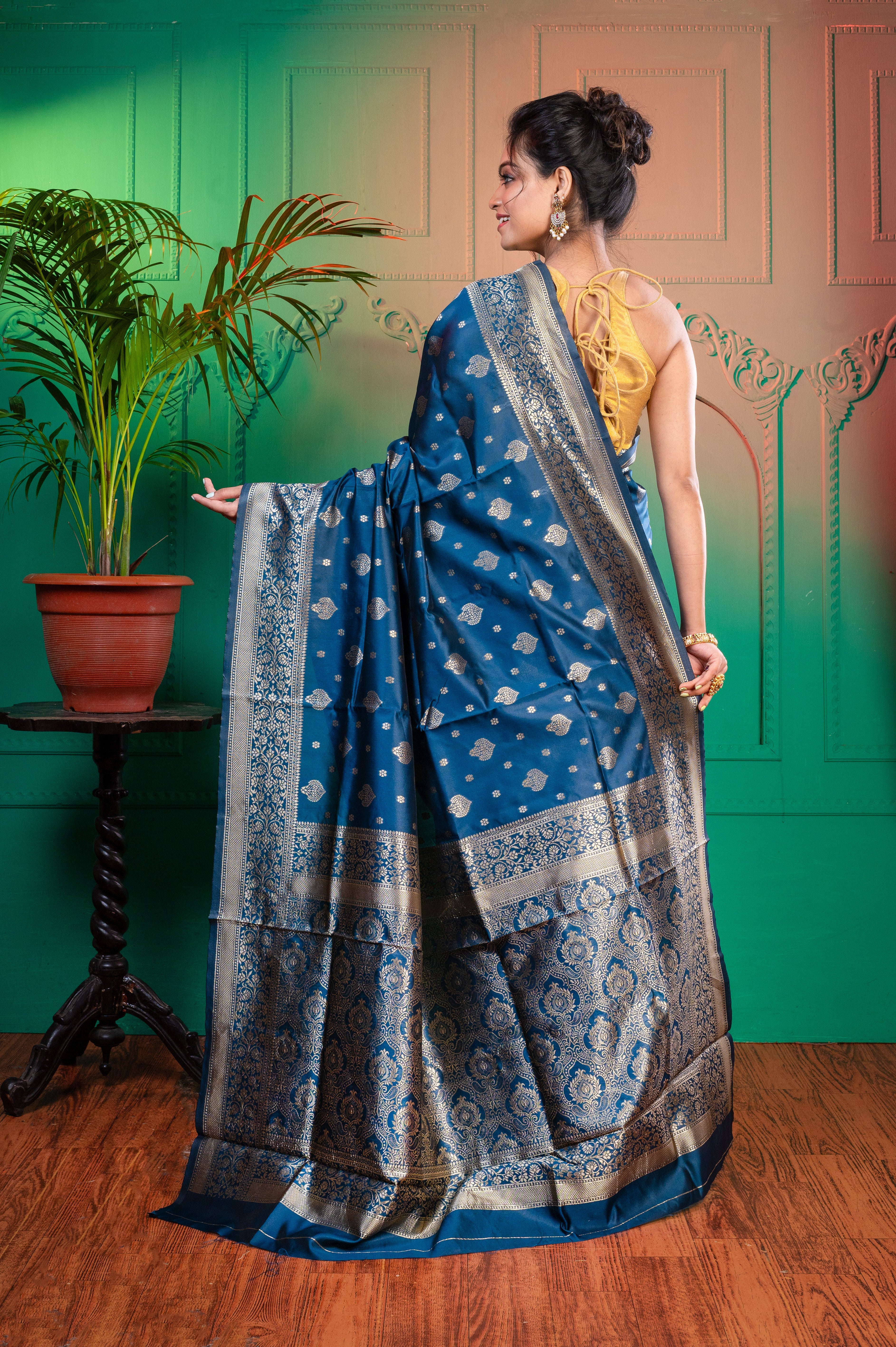 Women's Navy Blue Banarasi Soft Silk Saree With Jacquard Border - Aanika