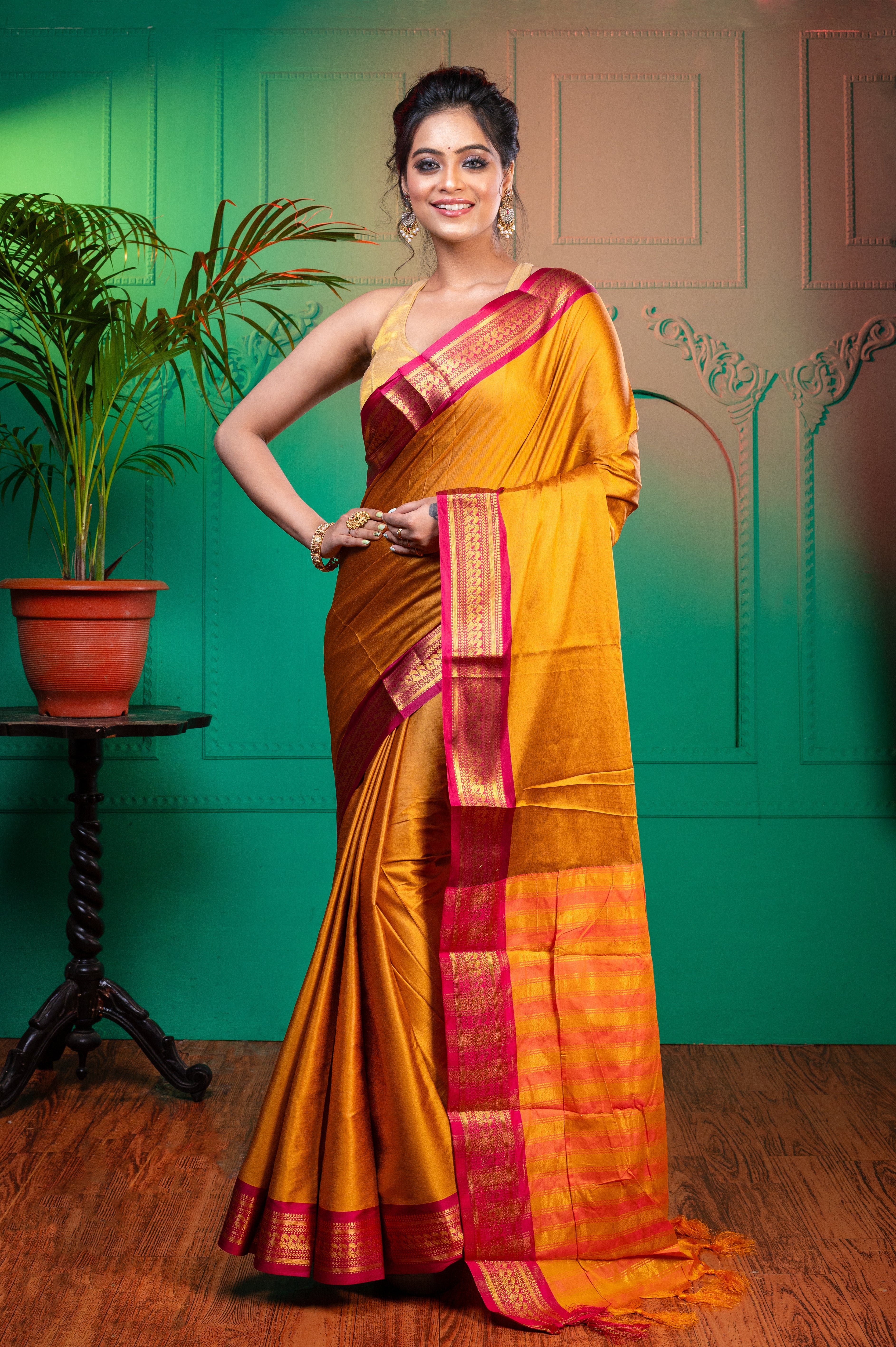 Women's Amber Yellow Aura Silk Saree With Contrasting Maroon And Golden Zari Border - Aanika