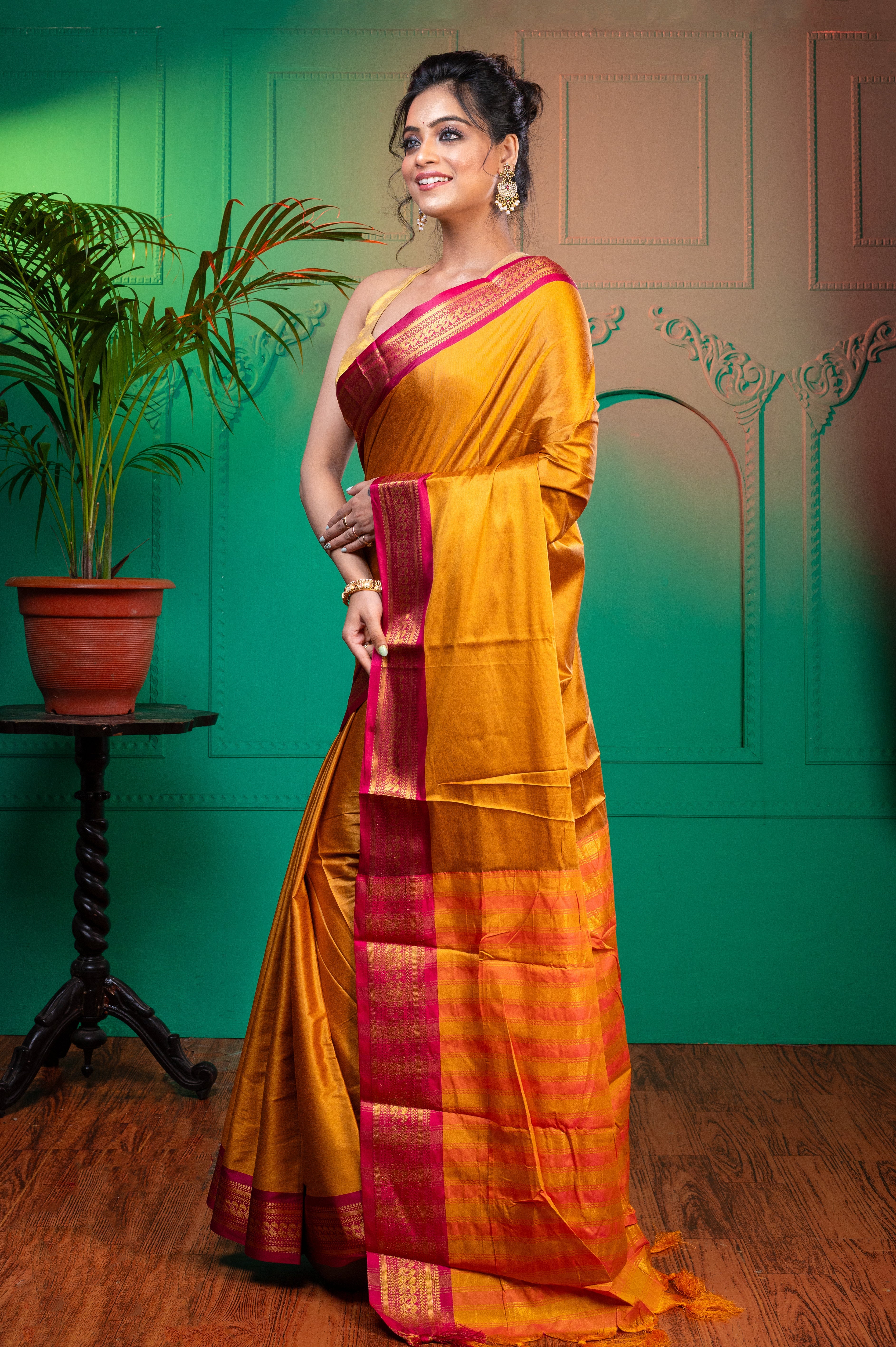 Women's Amber Yellow Aura Silk Saree With Contrasting Maroon And Golden Zari Border - Aanika