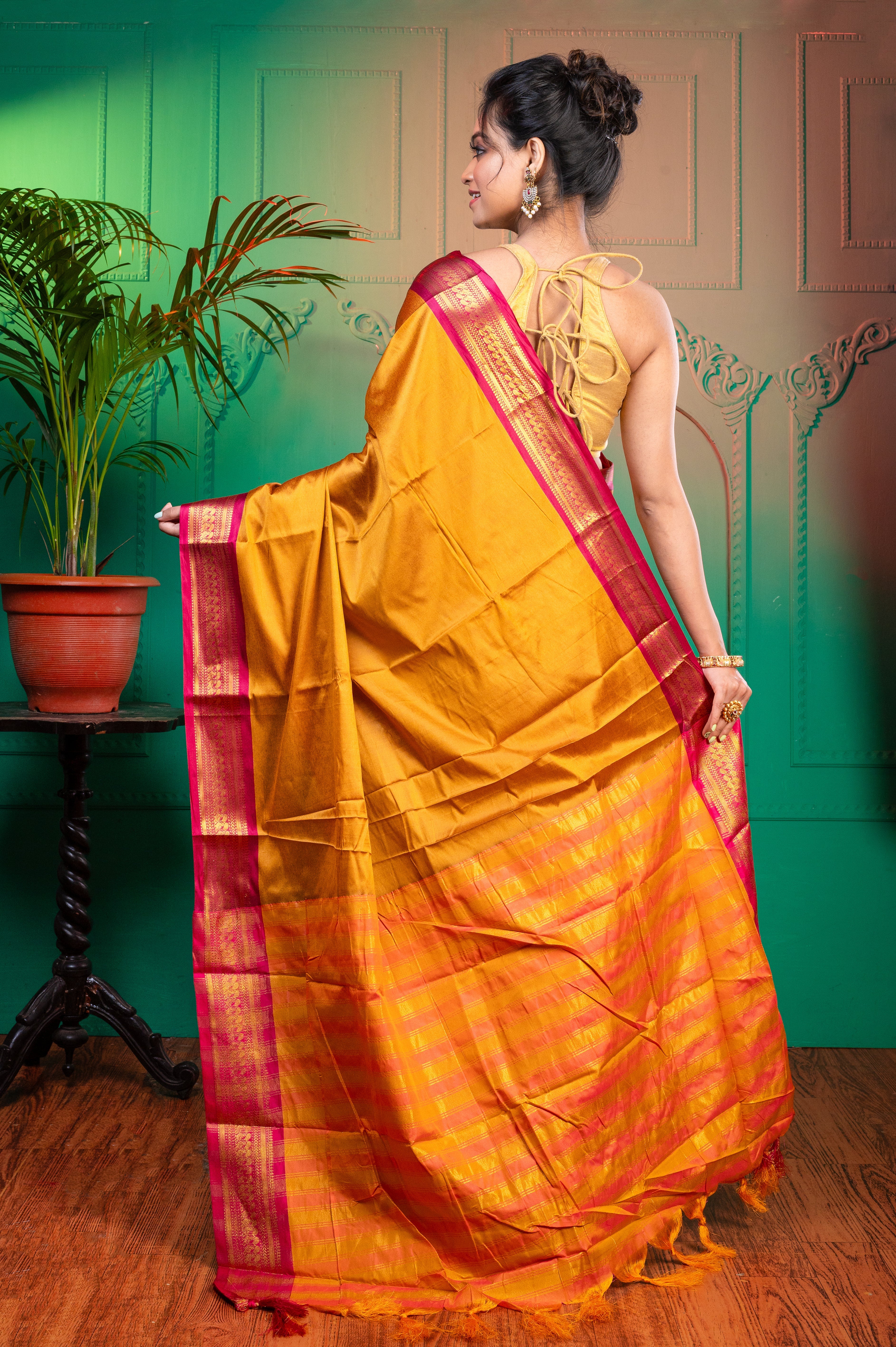 Women's Amber Yellow Aura Silk Saree With Contrasting Maroon And Golden Zari Border - Aanika