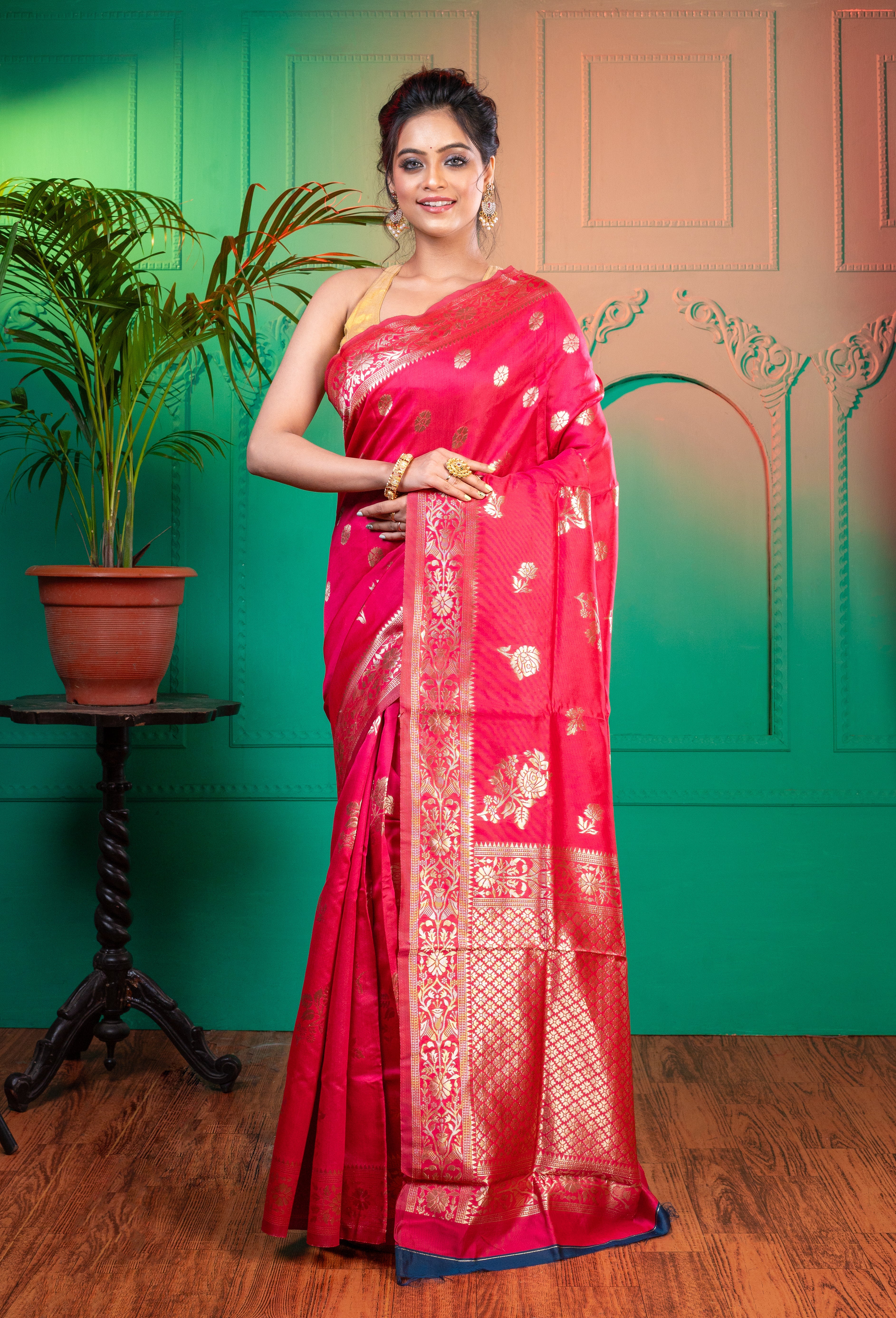 Women's Pink Banarasi Soft Silk Saree With Jacquard Border - Aanika