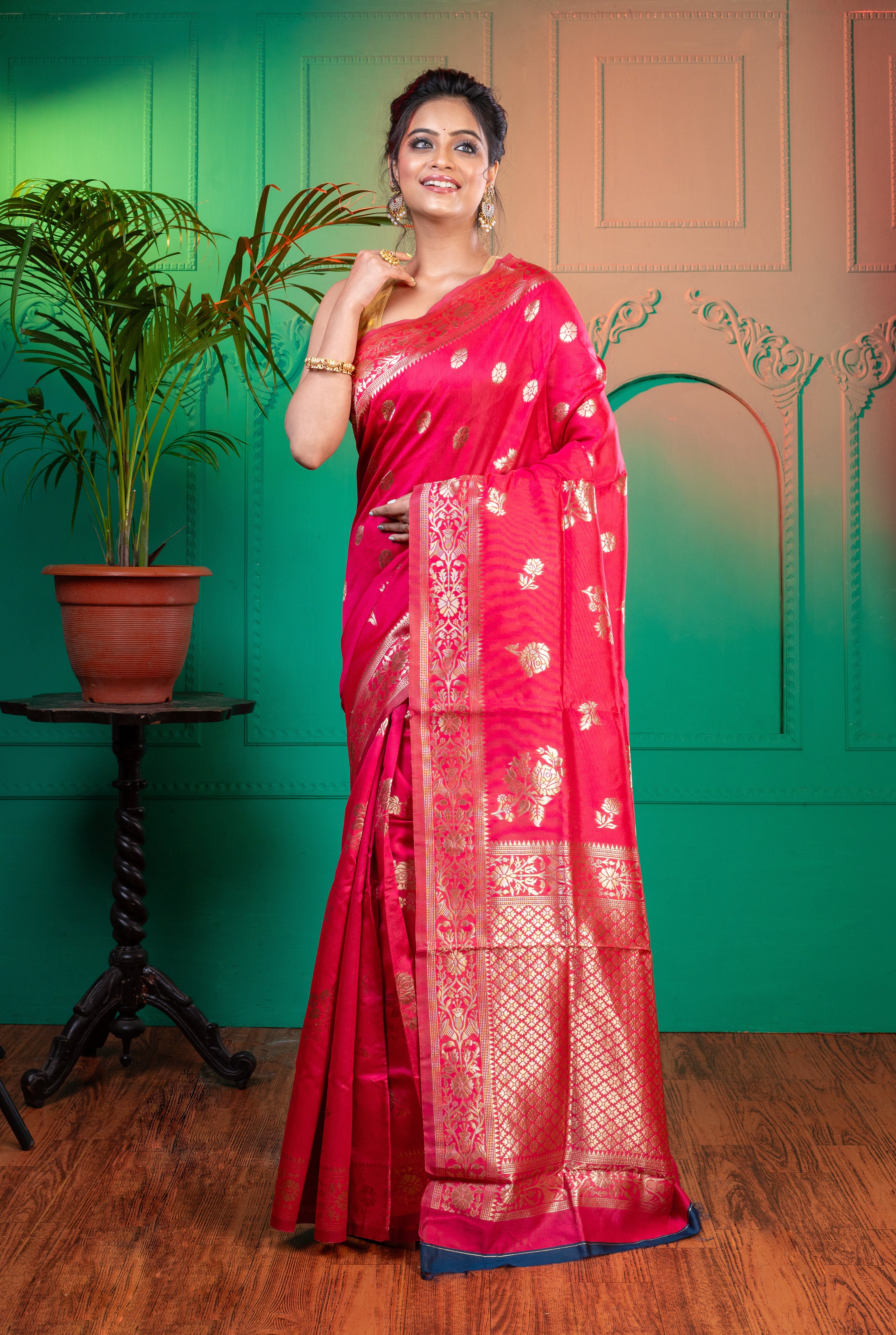 Women's Pink Banarasi Soft Silk Saree With Jacquard Border - Aanika