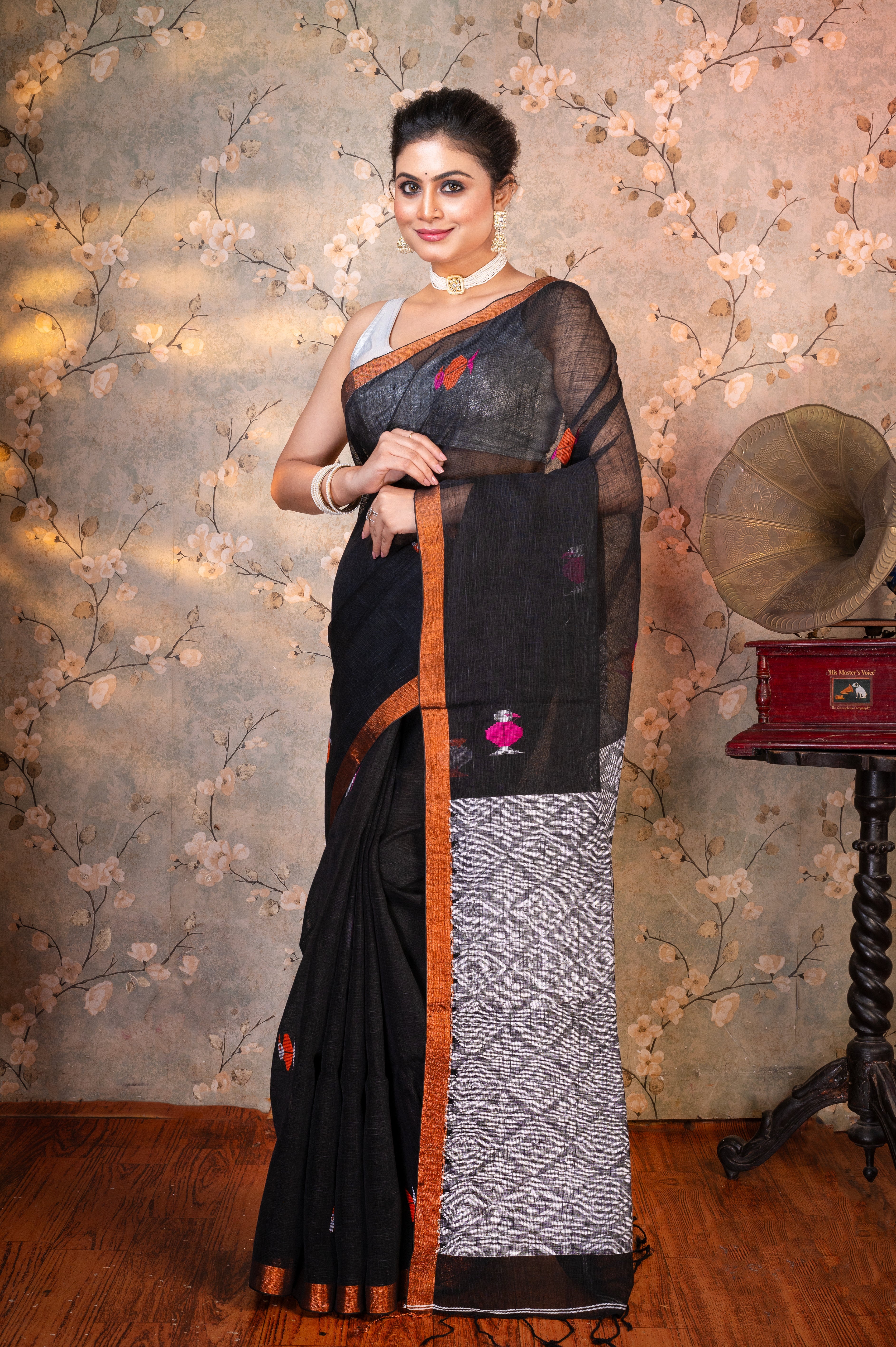 Women's Black Pure Handloom Linen Saree With Multicolor Birds Woven Motifs - Aanika