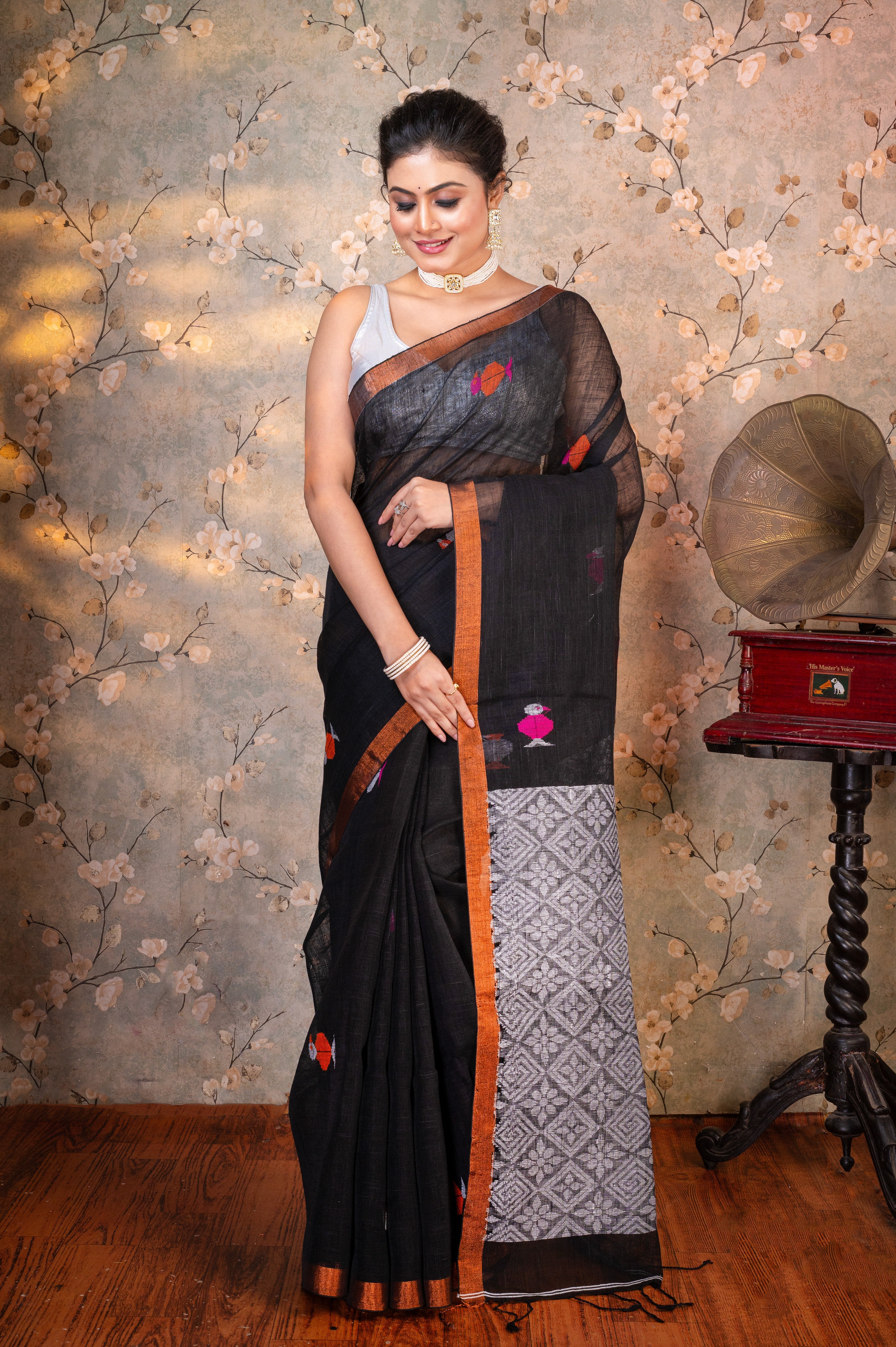 Women's Black Pure Handloom Linen Saree With Multicolor Birds Woven Motifs - Aanika