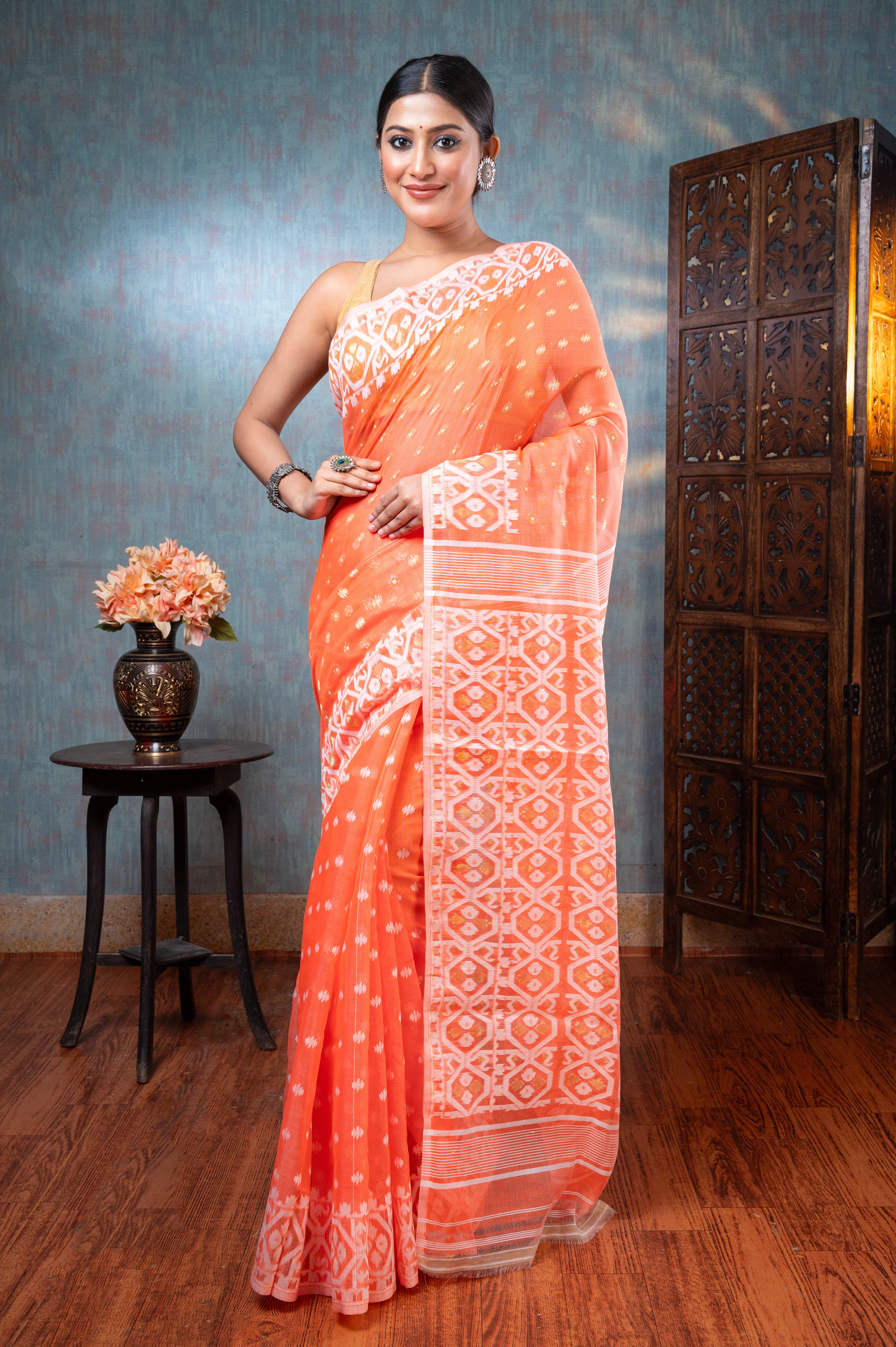 Women's Coral Cotton Jamdani Saree With Off-white And Golden Woven Motifs - Aanika