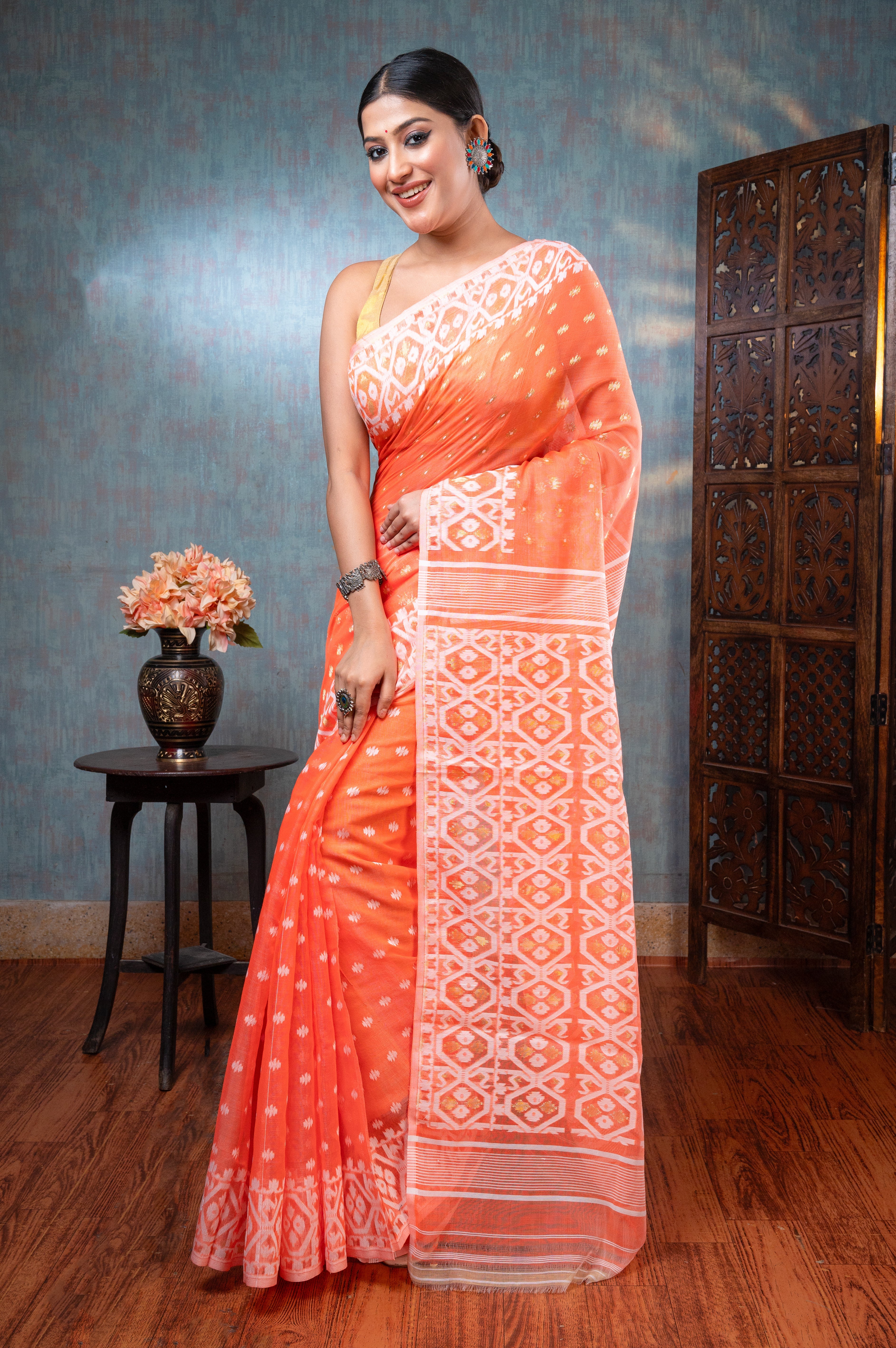 Women's Coral Cotton Jamdani Saree With Off-white And Golden Woven Motifs - Aanika