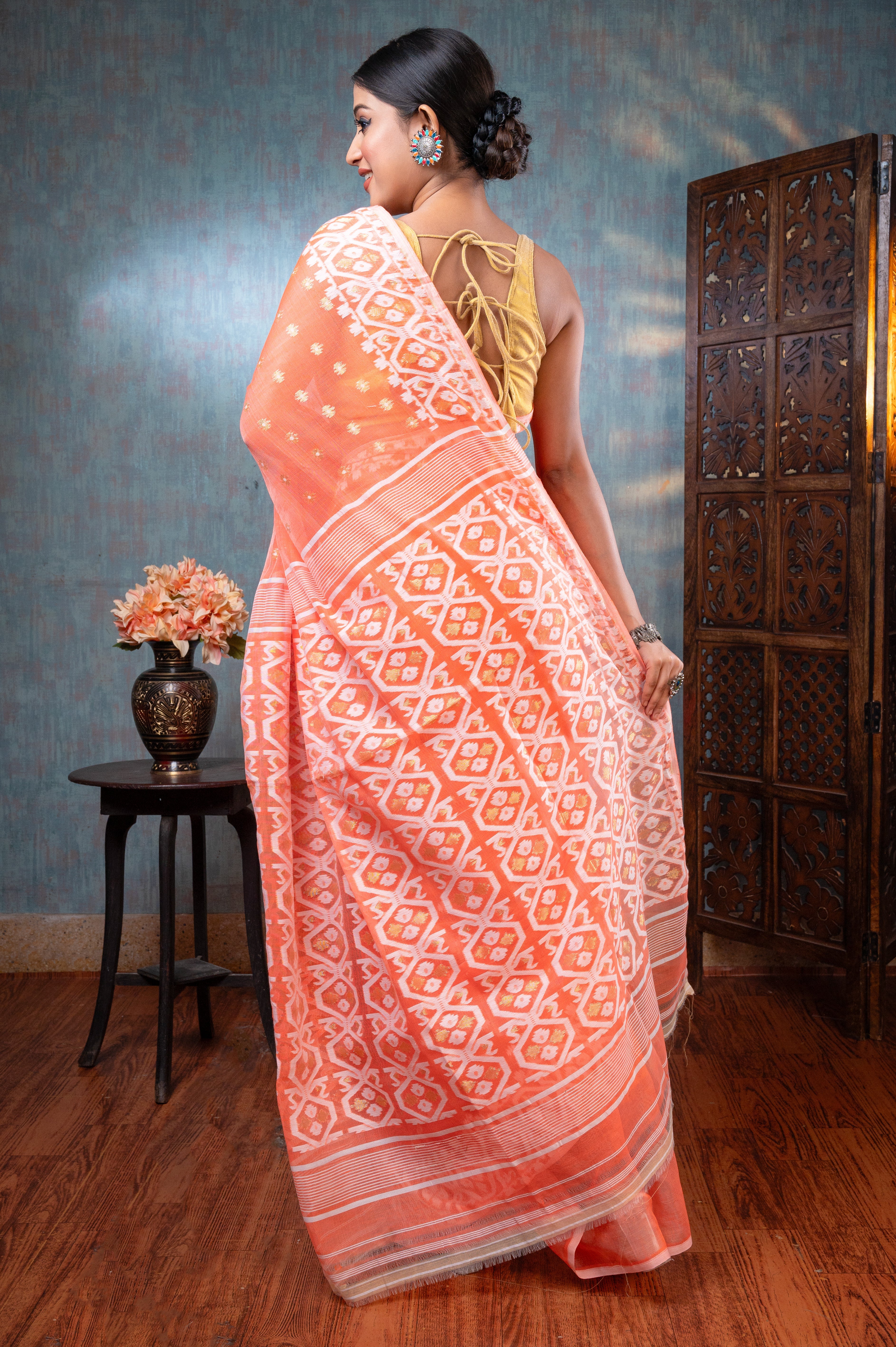 Women's Coral Cotton Jamdani Saree With Off-white And Golden Woven Motifs - Aanika