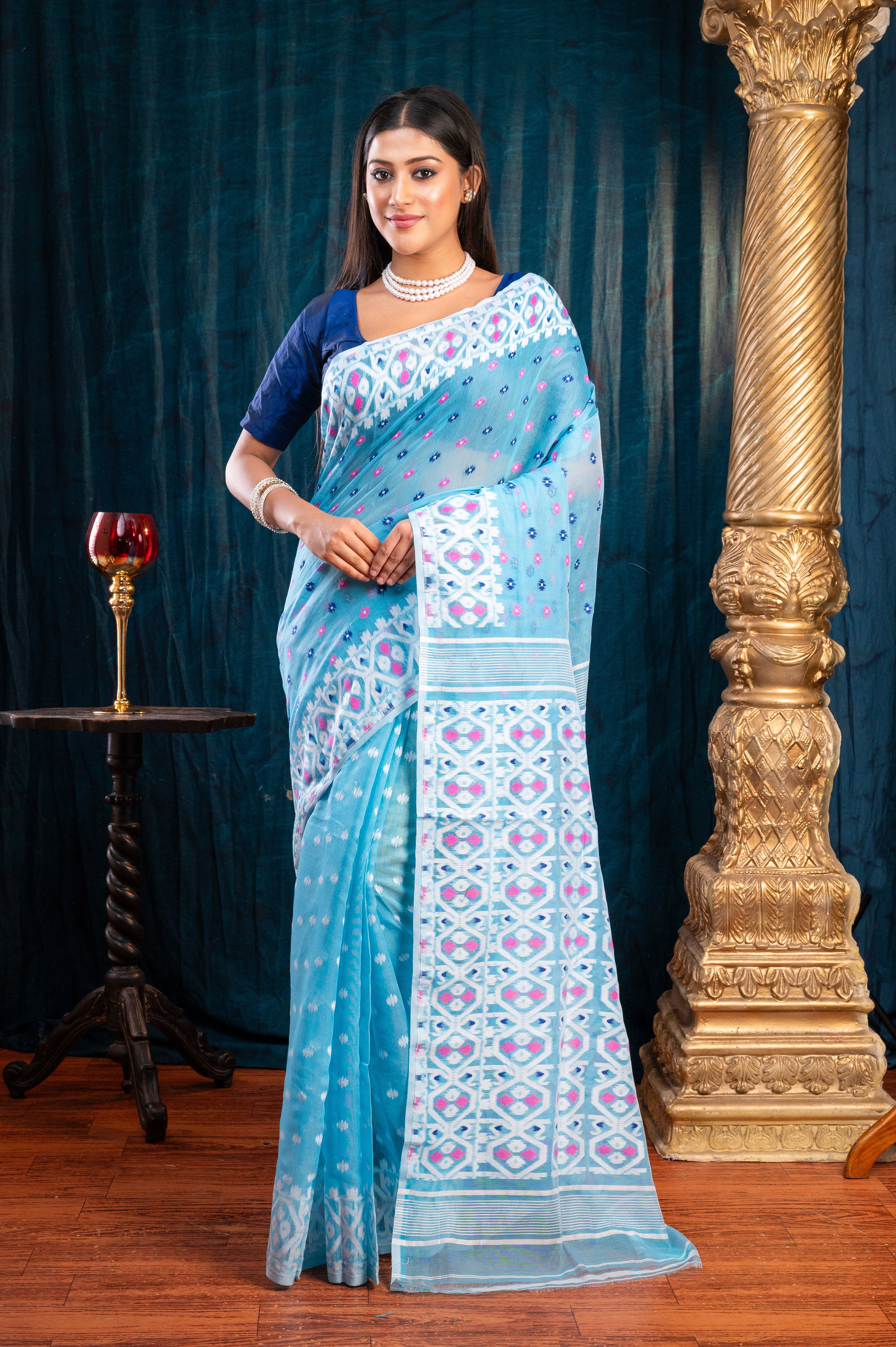 Women's Sky Blue Cotton Jamdani Saree With Multicolor Woven Motifs - Aanika