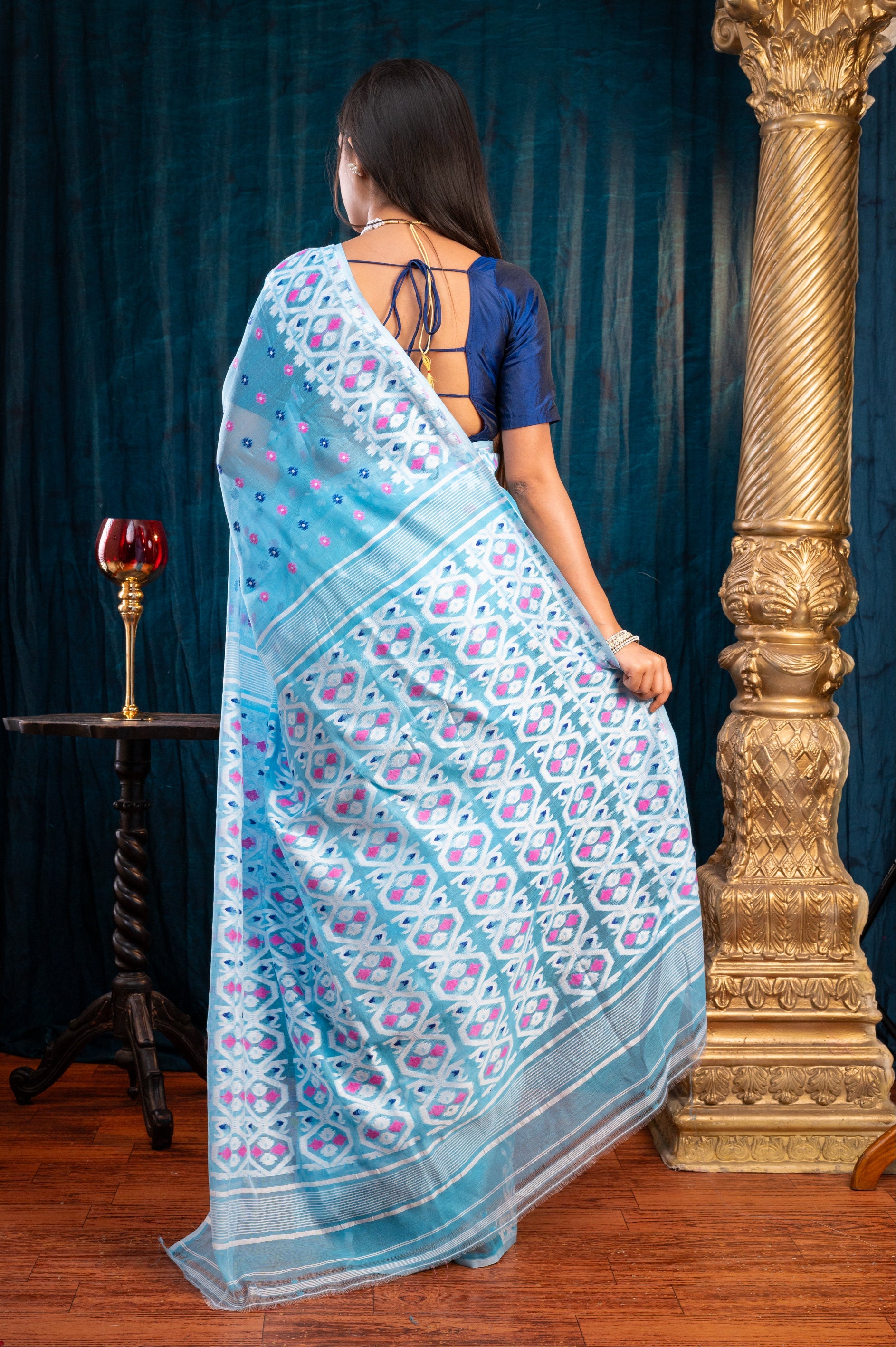 Women's Sky Blue Cotton Jamdani Saree With Multicolor Woven Motifs - Aanika