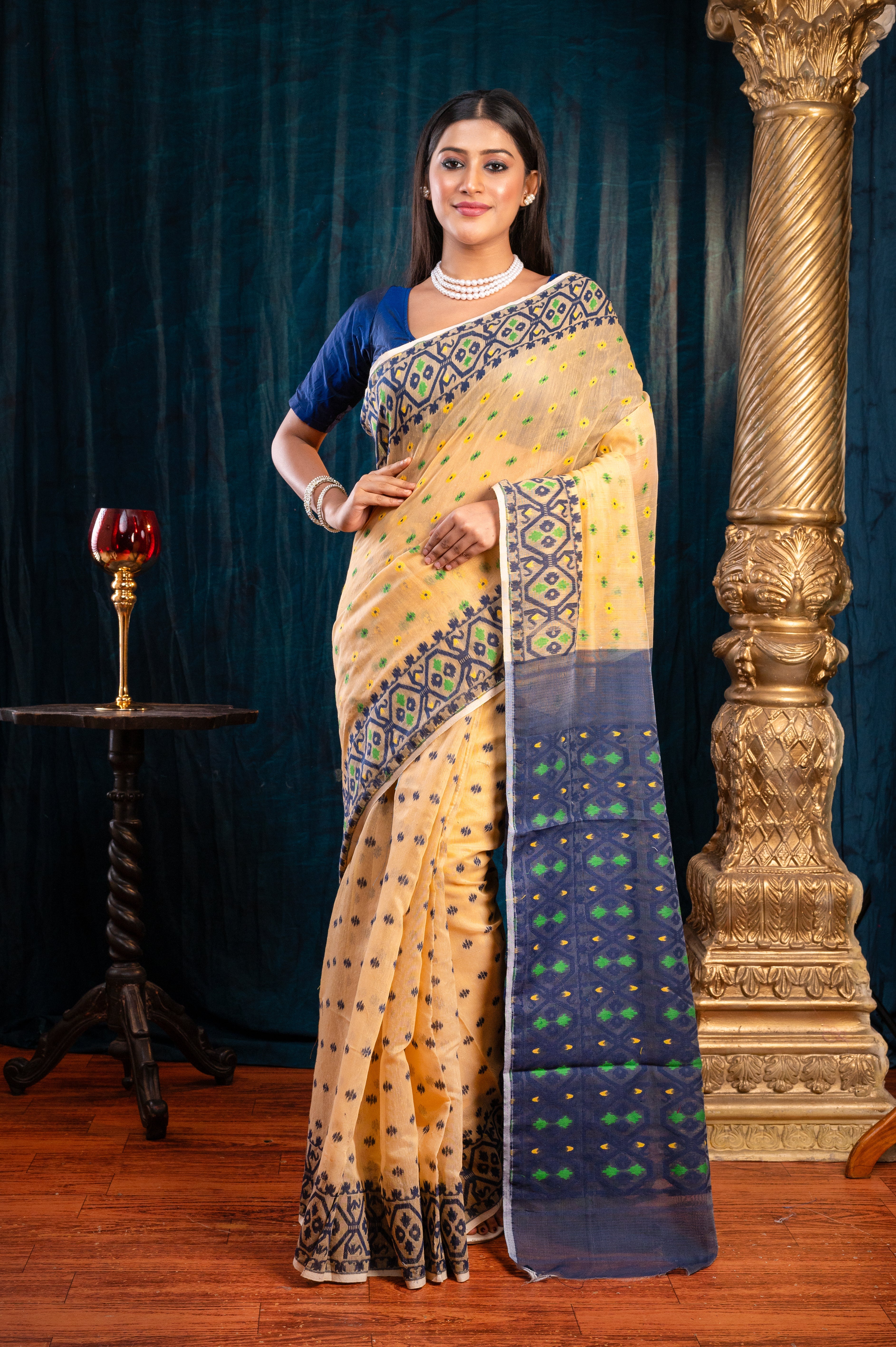 Women's Beige And Black Cotton Jamdani Saree With Multicolor Woven Motifs - Aanika