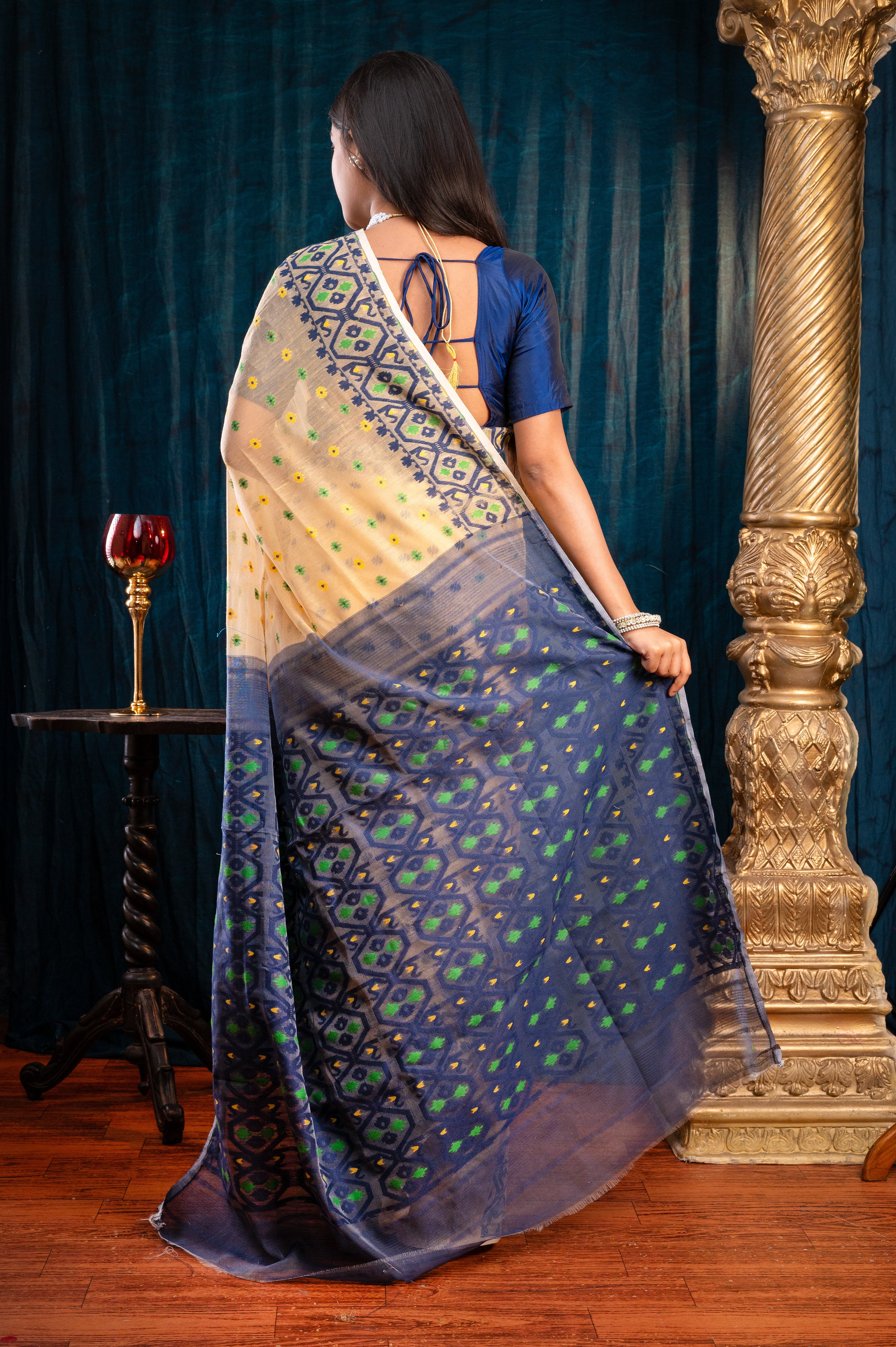 Women's Beige And Black Cotton Jamdani Saree With Multicolor Woven Motifs - Aanika