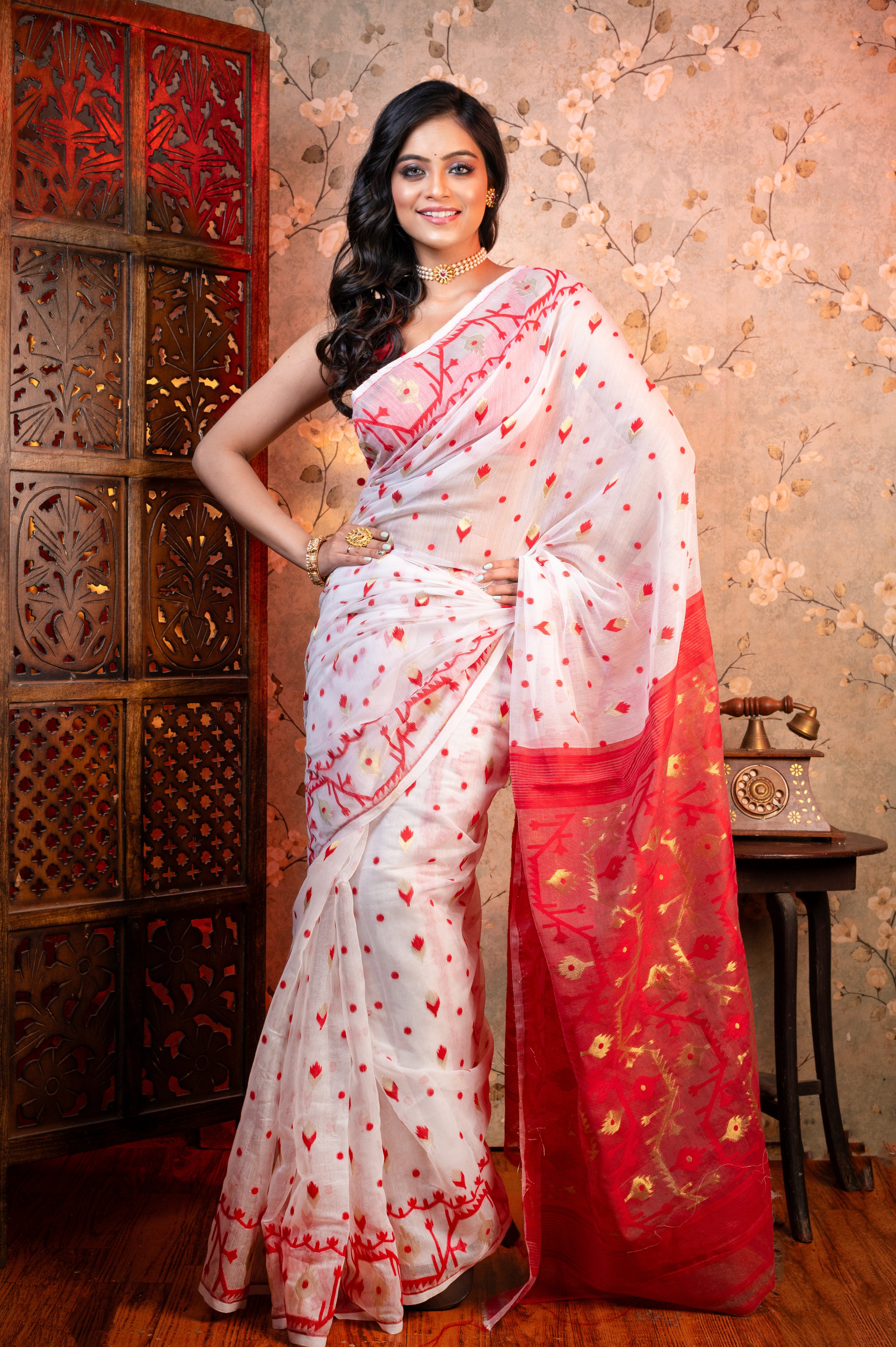 Women's White And Red Cotton Jamdani Saree With Multicolor Woven Motifs - Aanika