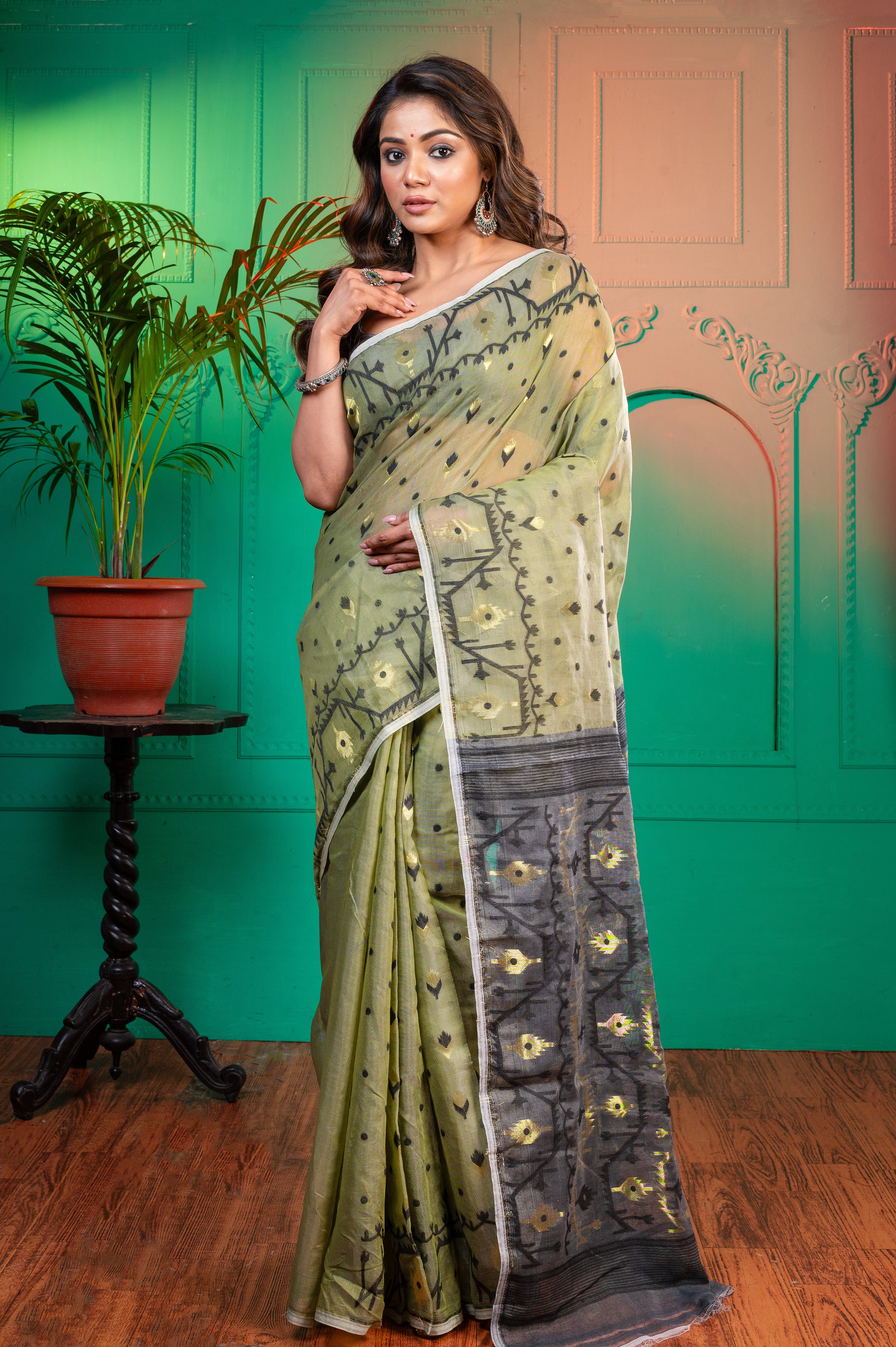 Women's Olive Green And Black Cotton Jamdani Saree With Multicolor Woven Motifs - Aanika