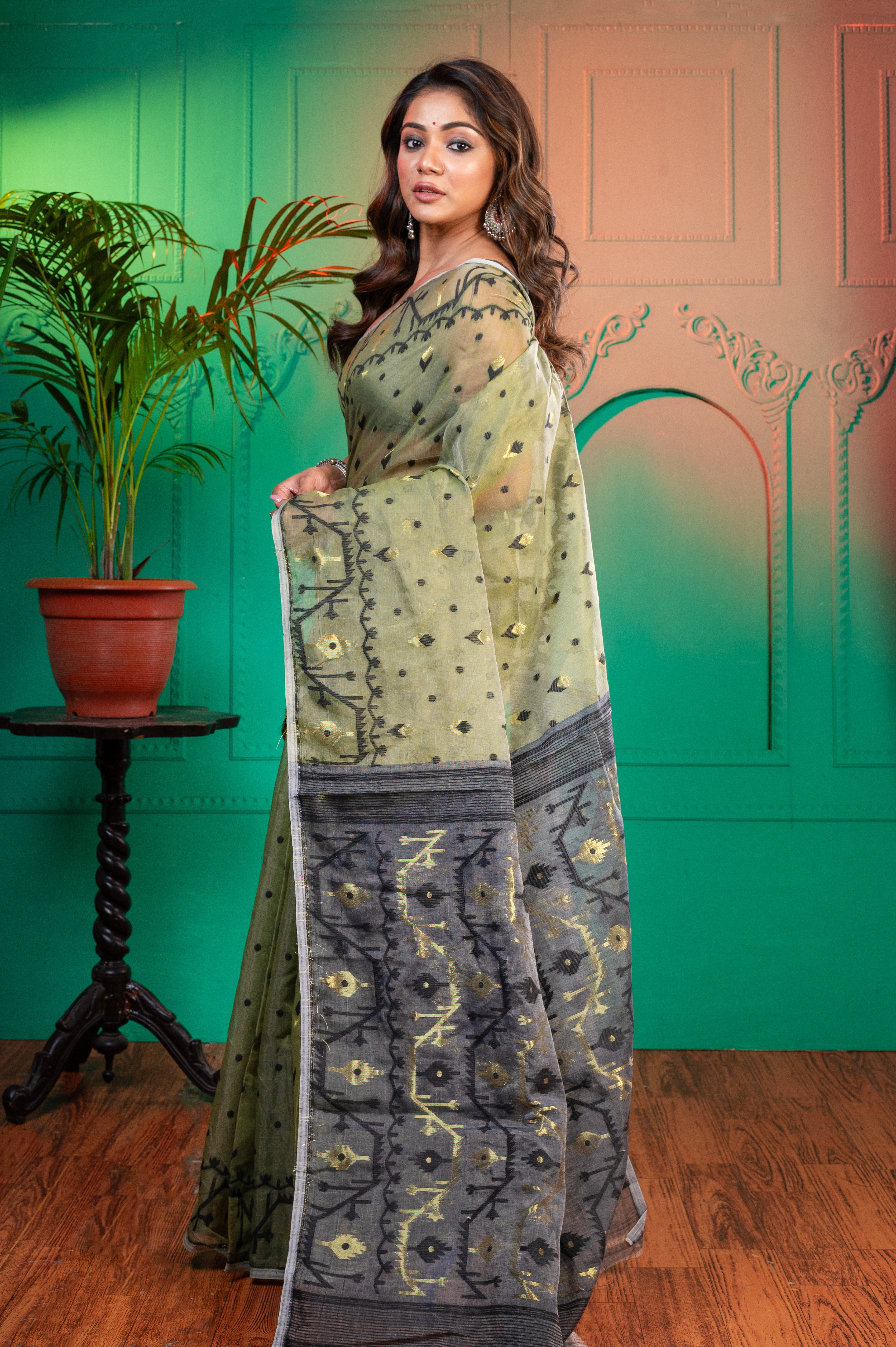 Women's Olive Green And Black Cotton Jamdani Saree With Multicolor Woven Motifs - Aanika