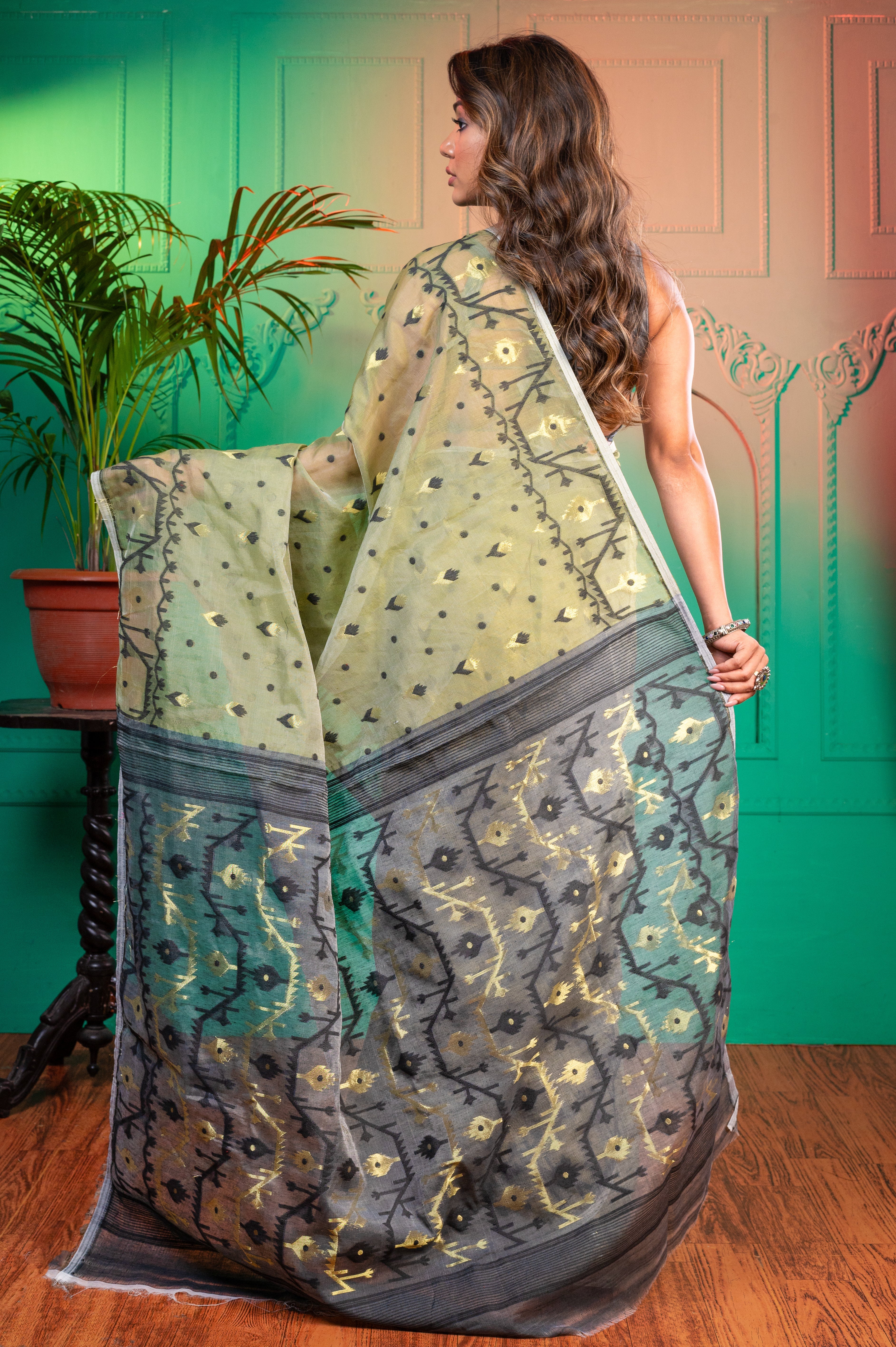 Women's Olive Green And Black Cotton Jamdani Saree With Multicolor Woven Motifs - Aanika