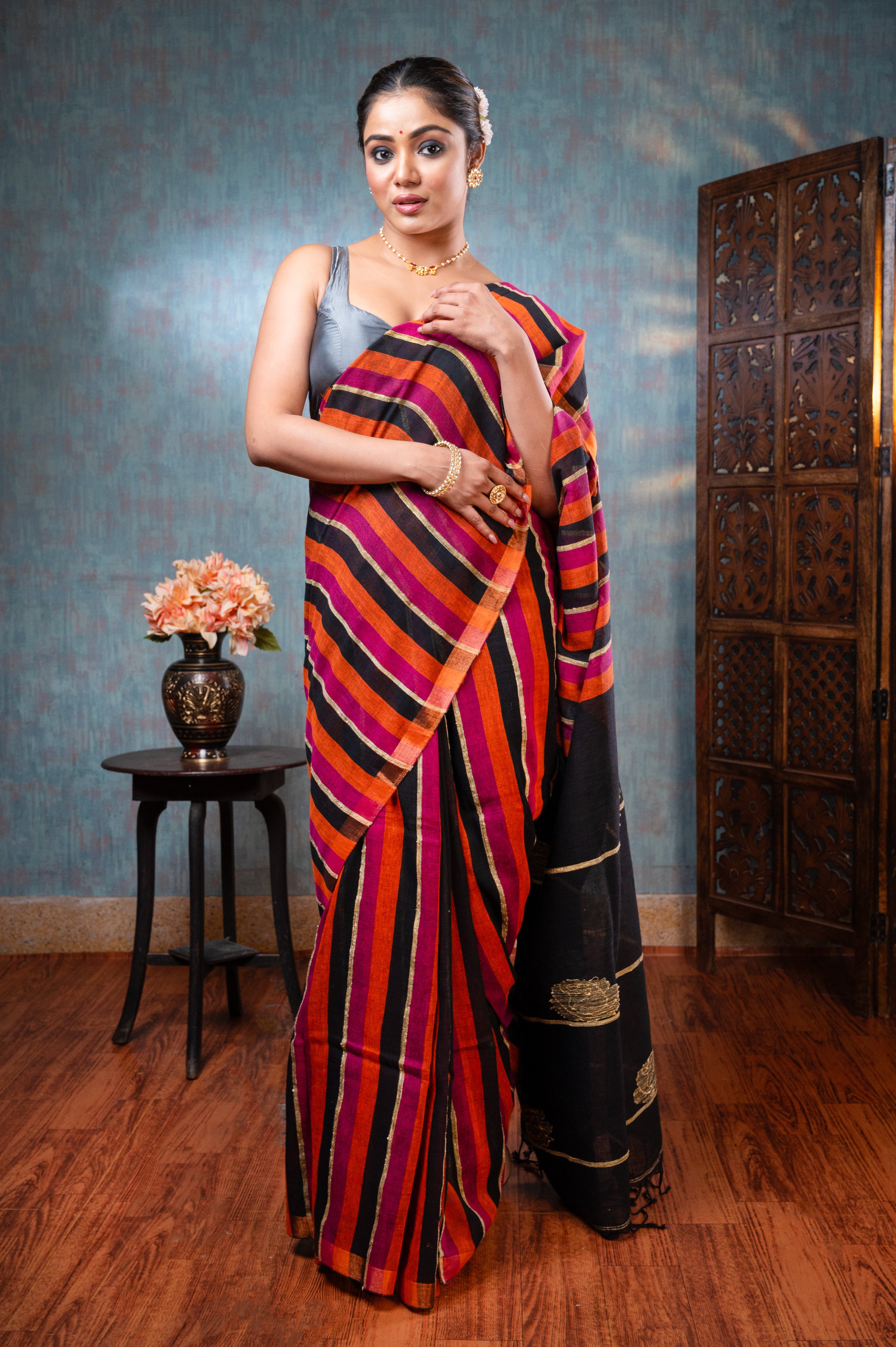 Women's Multicolor Stripe Pure Handloom Linen Saree - Aanika