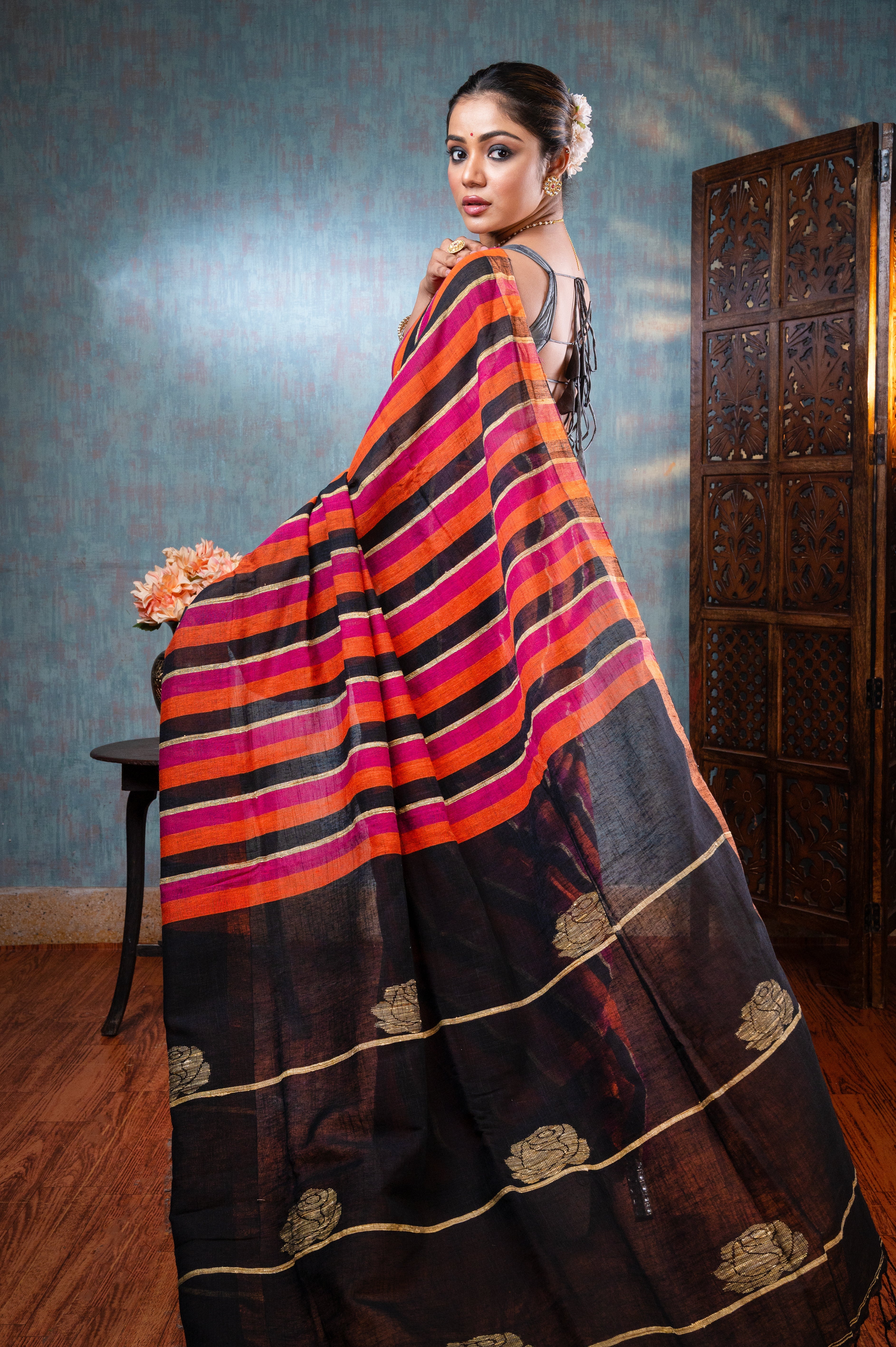 Women's Multicolor Stripe Pure Handloom Linen Saree - Aanika