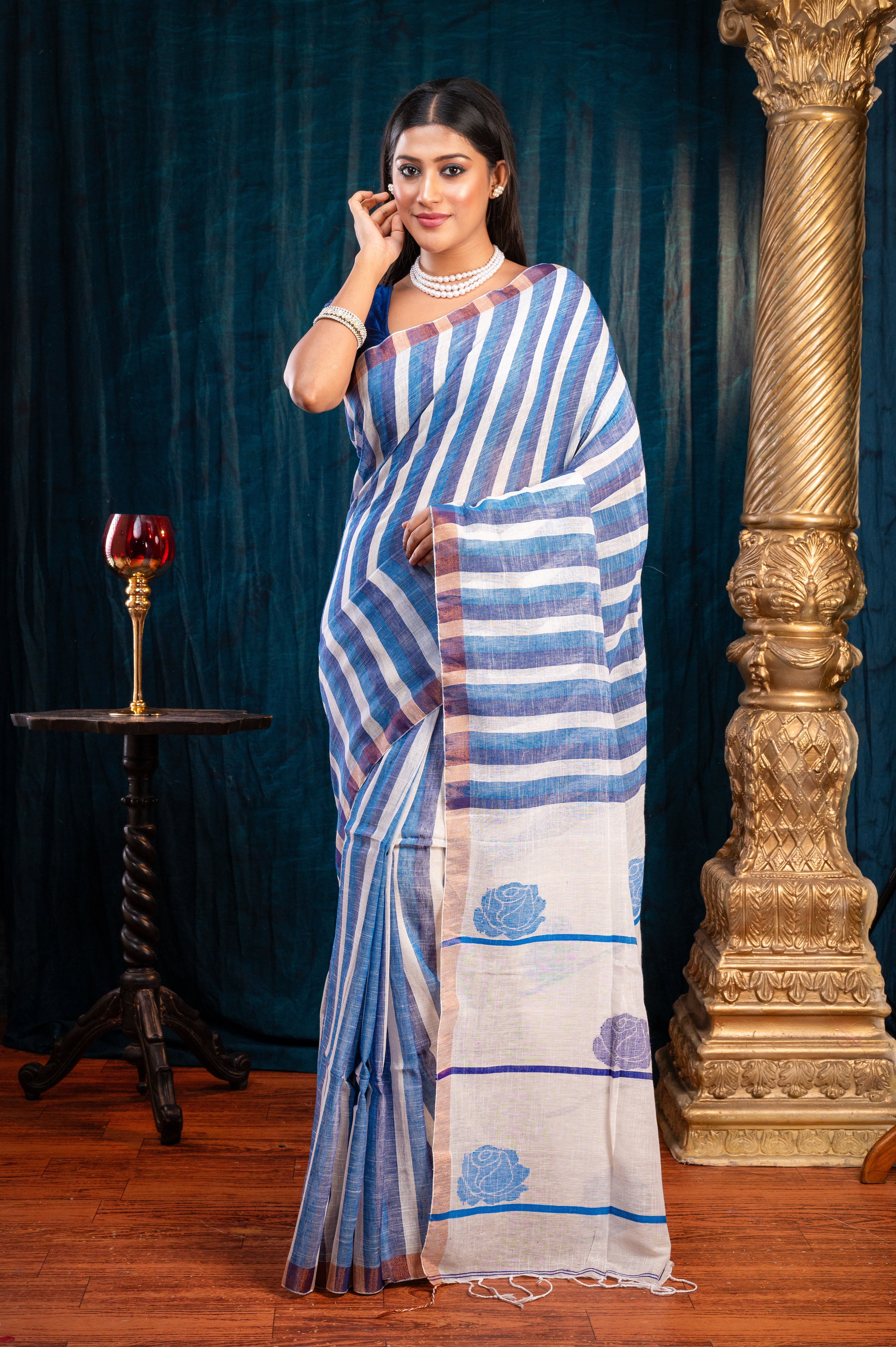 Women's Off-white With Multicolor Stripe Pure Handloom Linen Saree - Aanika