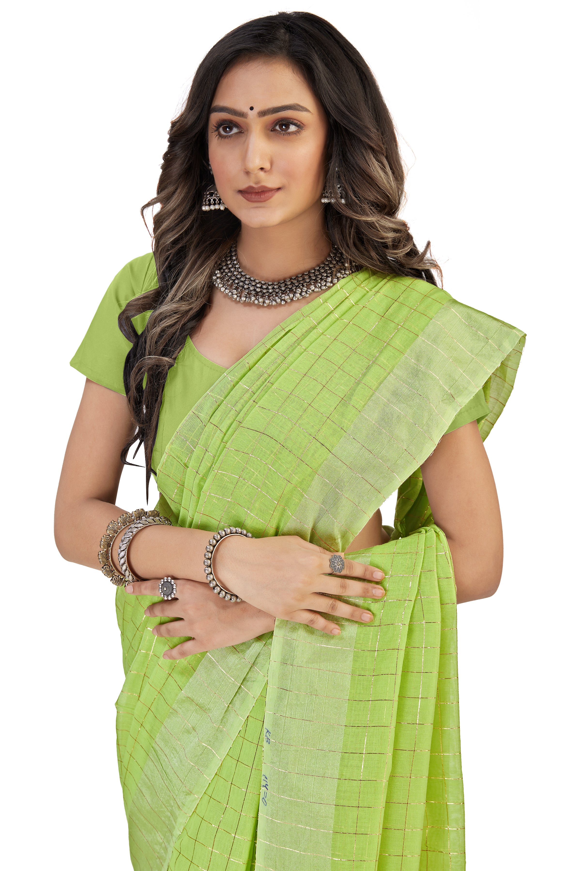 Women's self Woven Checked Daily Wear Cotton Blend Sari With Blouse Piece (Light Green) - NIMIDHYA