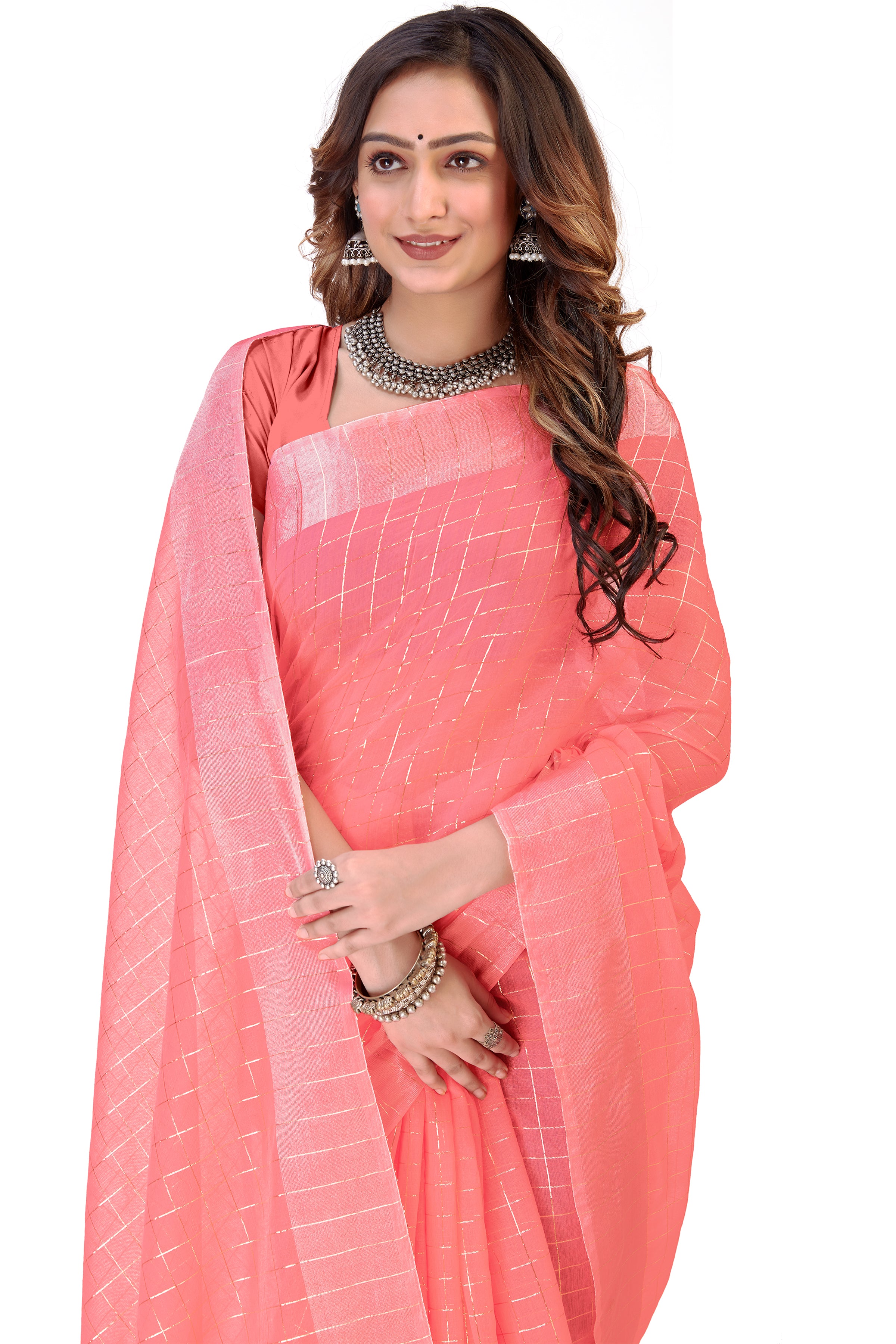 Women's self Woven Checked Daily Wear Cotton Blend Sari With Blouse Piece (Baby Pink) - NIMIDHYA