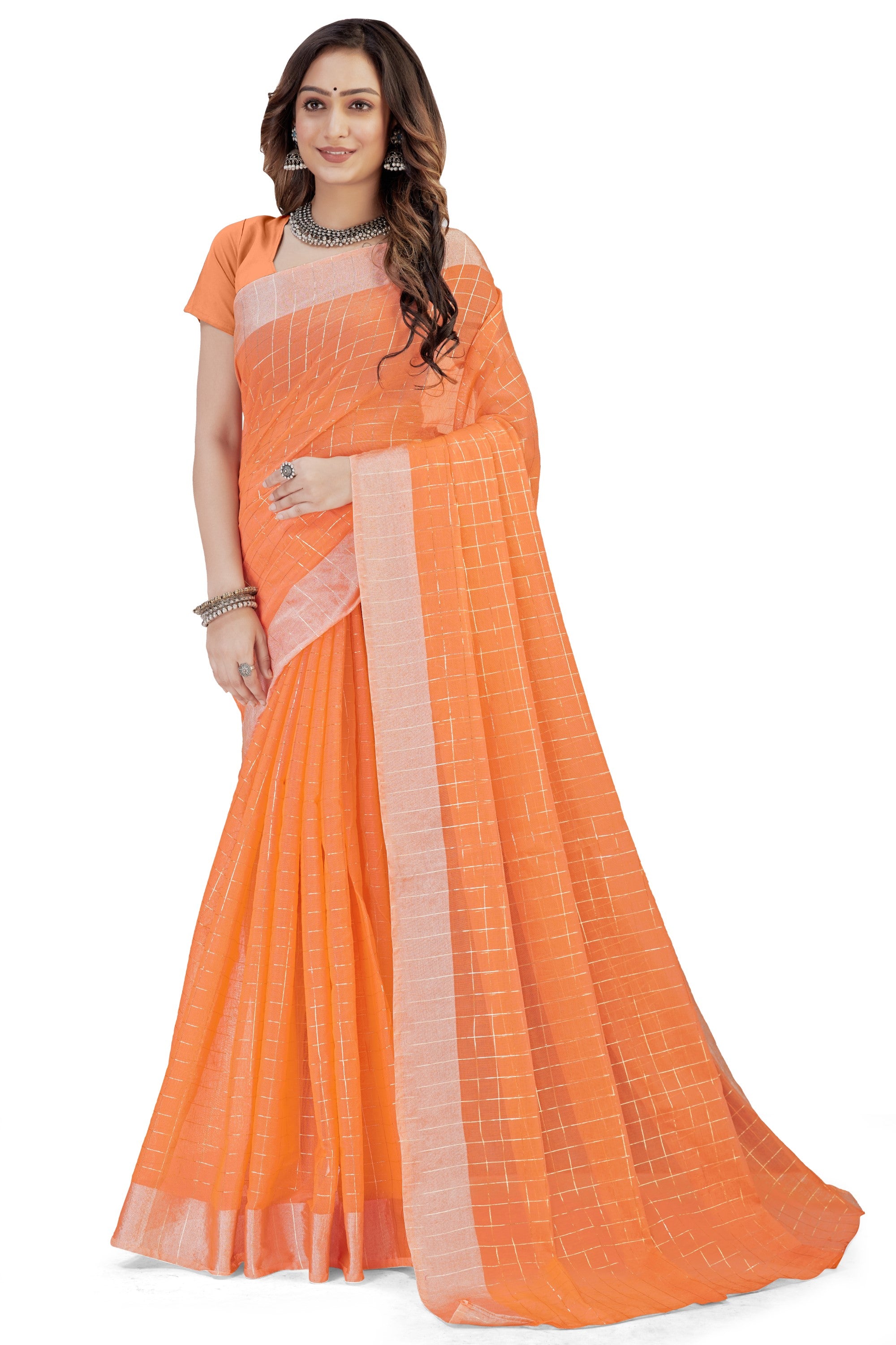 Women's self Woven Checked Daily Wear Cotton Blend Sari With Blouse Piece (Orange) - NIMIDHYA