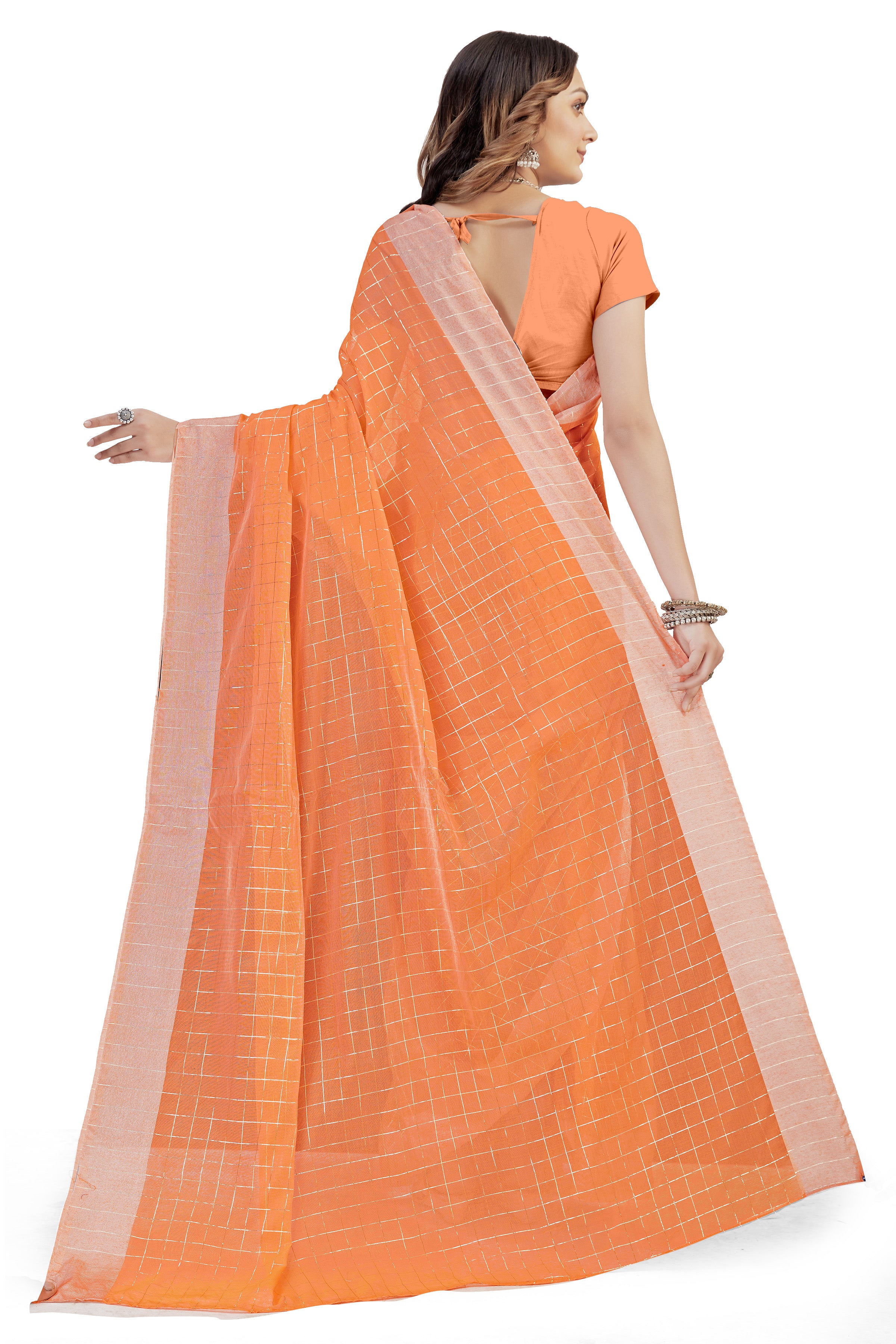 Women's self Woven Checked Daily Wear Cotton Blend Sari With Blouse Piece (Orange) - NIMIDHYA