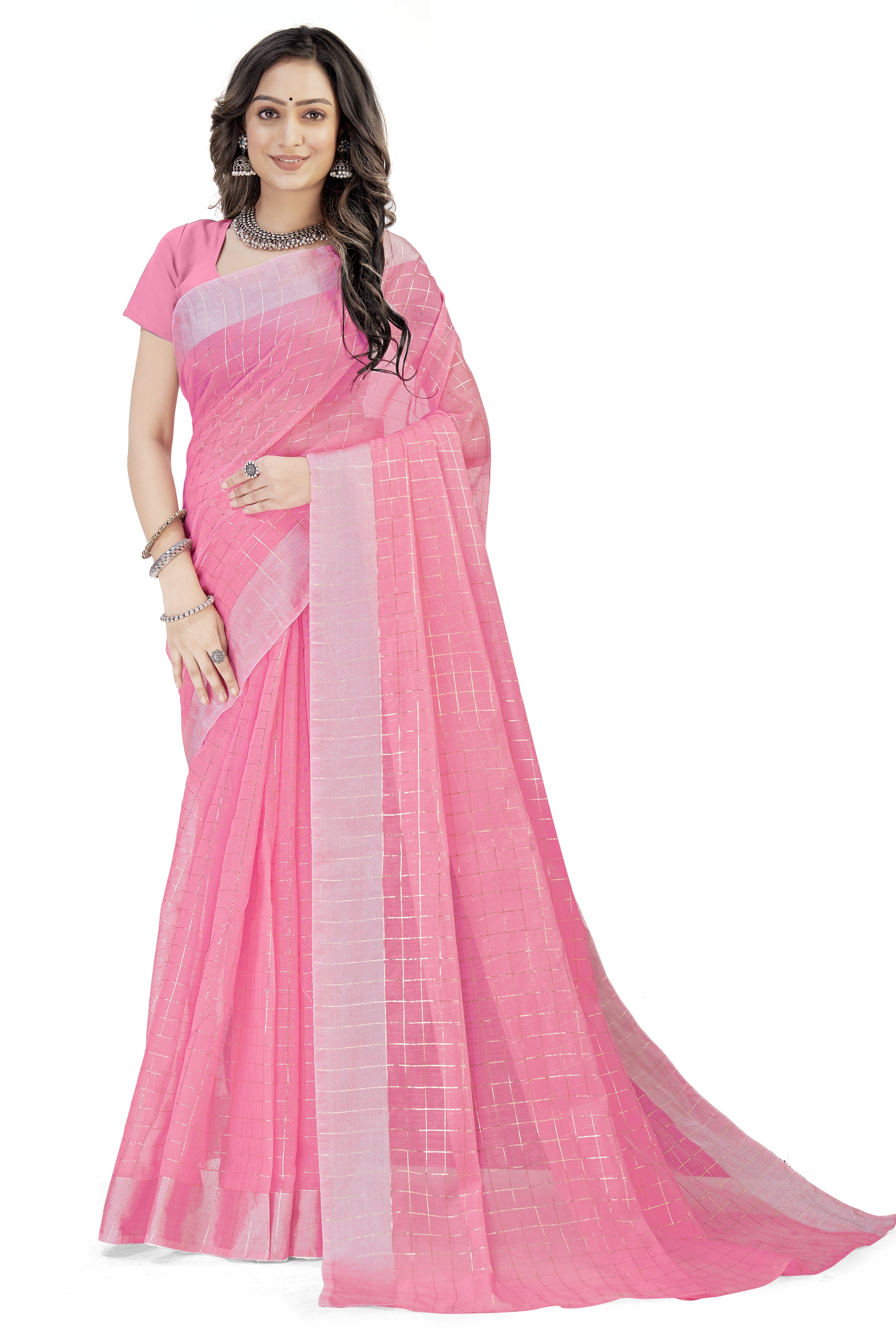 Women's self Woven Checked Daily Wear Cotton Blend Sari With Blouse Piece (Pink) - NIMIDHYA