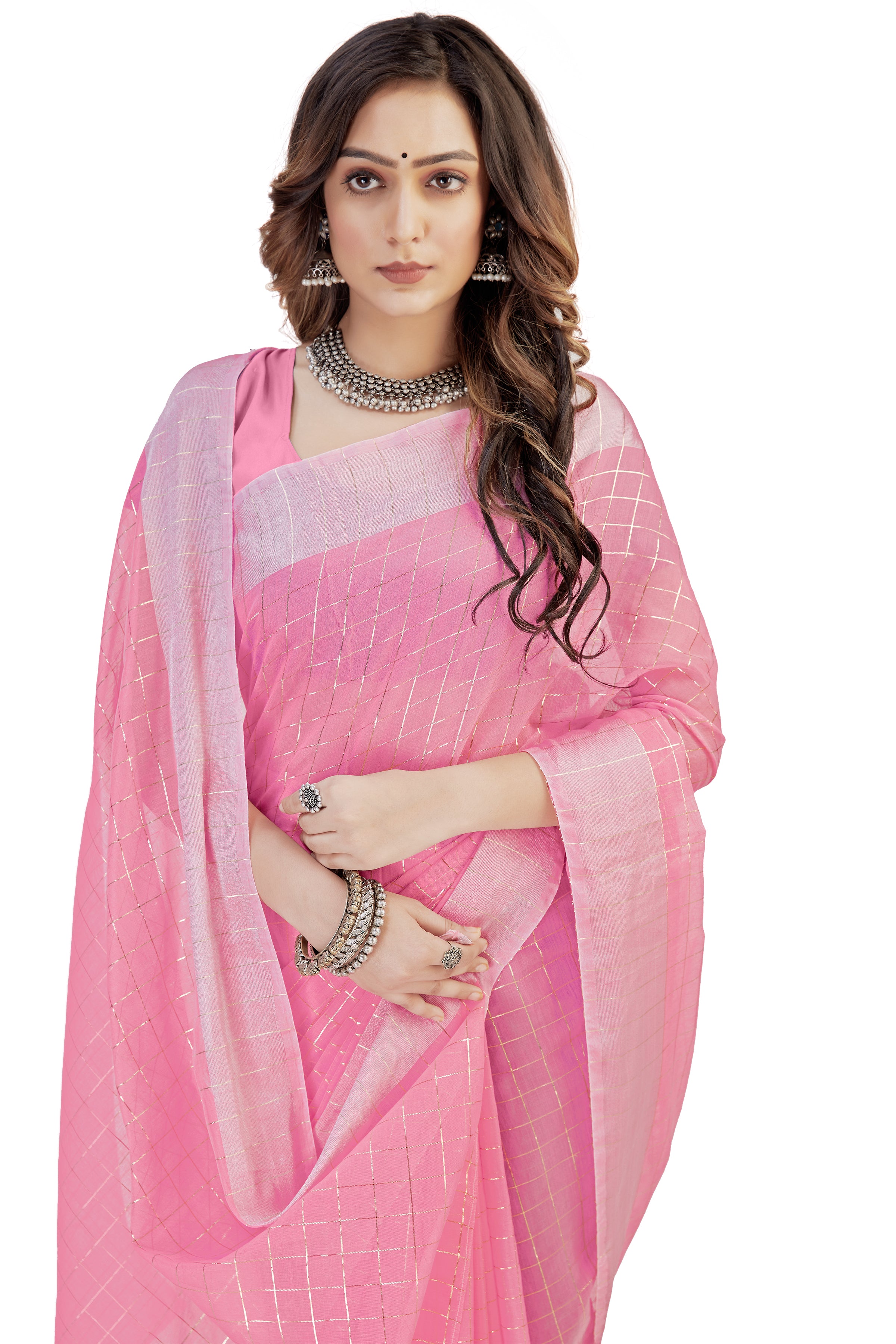 Women's self Woven Checked Daily Wear Cotton Blend Sari With Blouse Piece (Pink) - NIMIDHYA