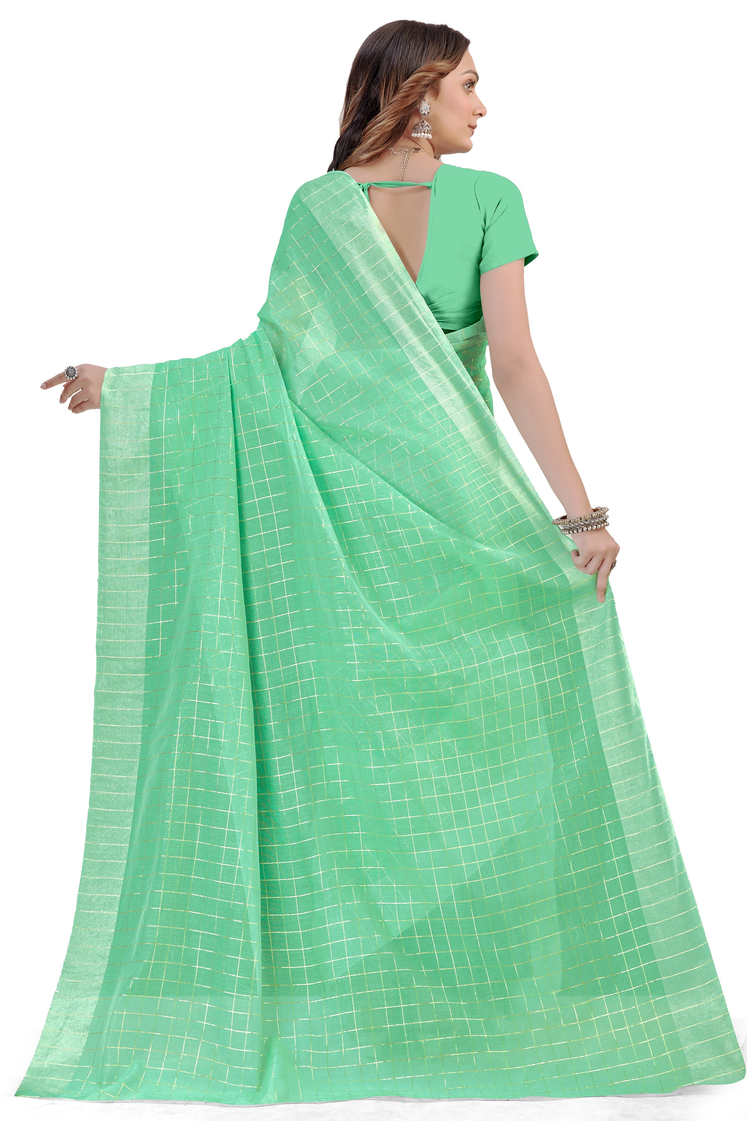 Women's self Woven Checked Daily Wear Cotton Blend Sari With Blouse Piece (Rama) - NIMIDHYA