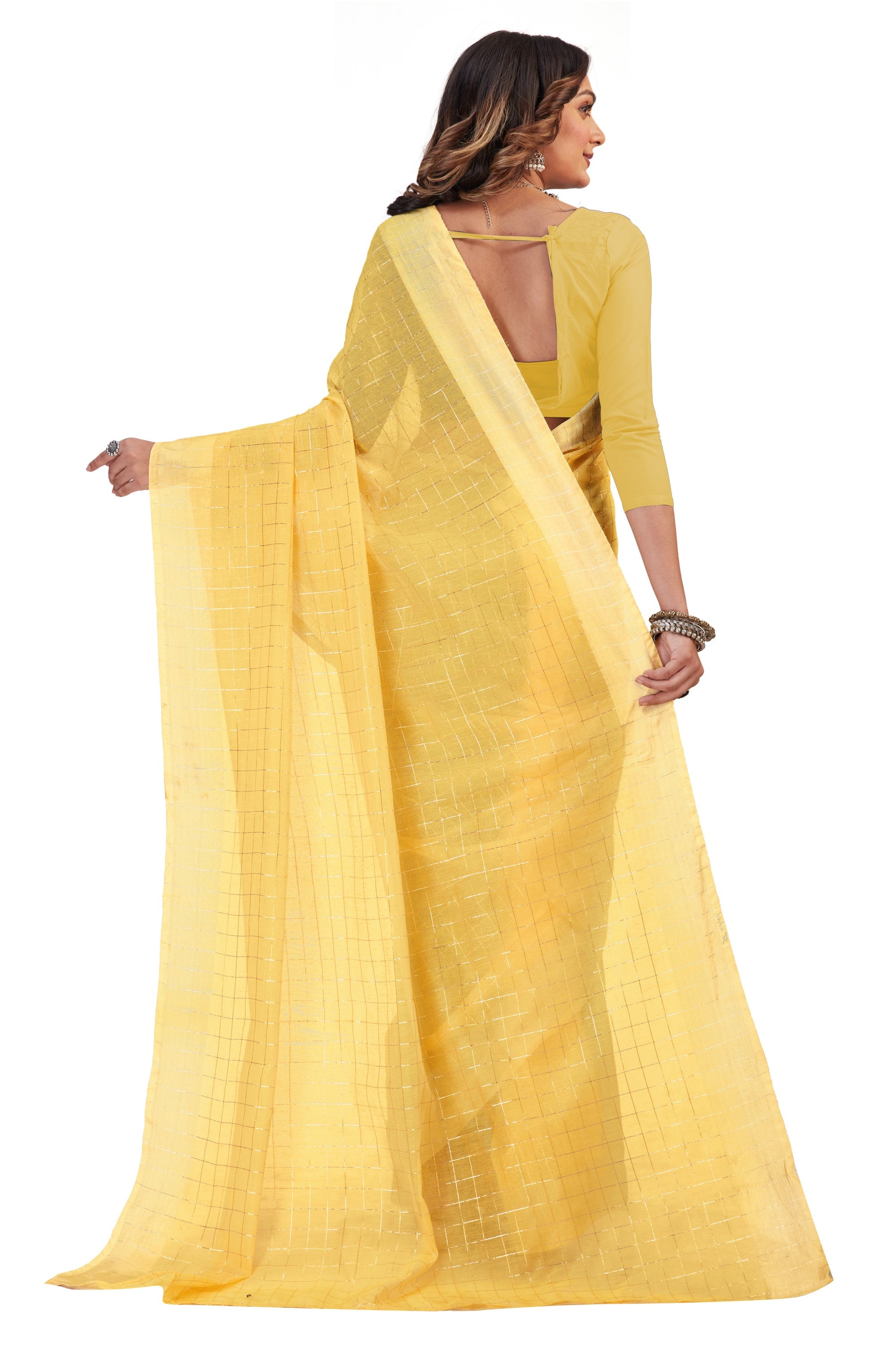 Women's self Woven Checked Daily Wear Cotton Blend Sari With Blouse Piece (Yellow) - NIMIDHYA