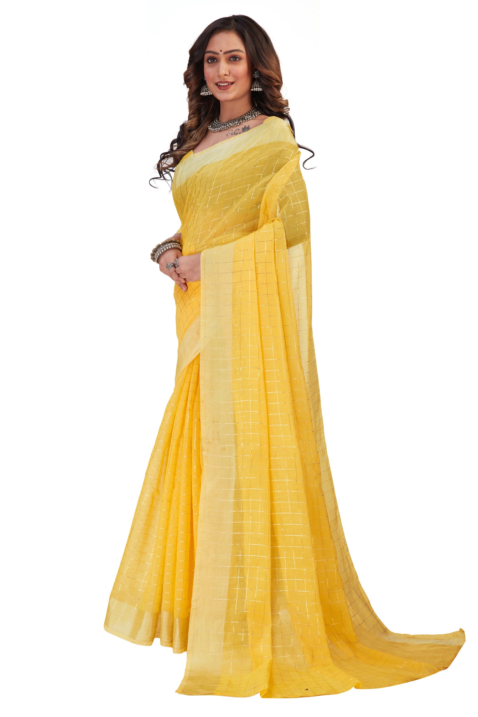 Women's self Woven Checked Daily Wear Cotton Blend Sari With Blouse Piece (Yellow) - NIMIDHYA