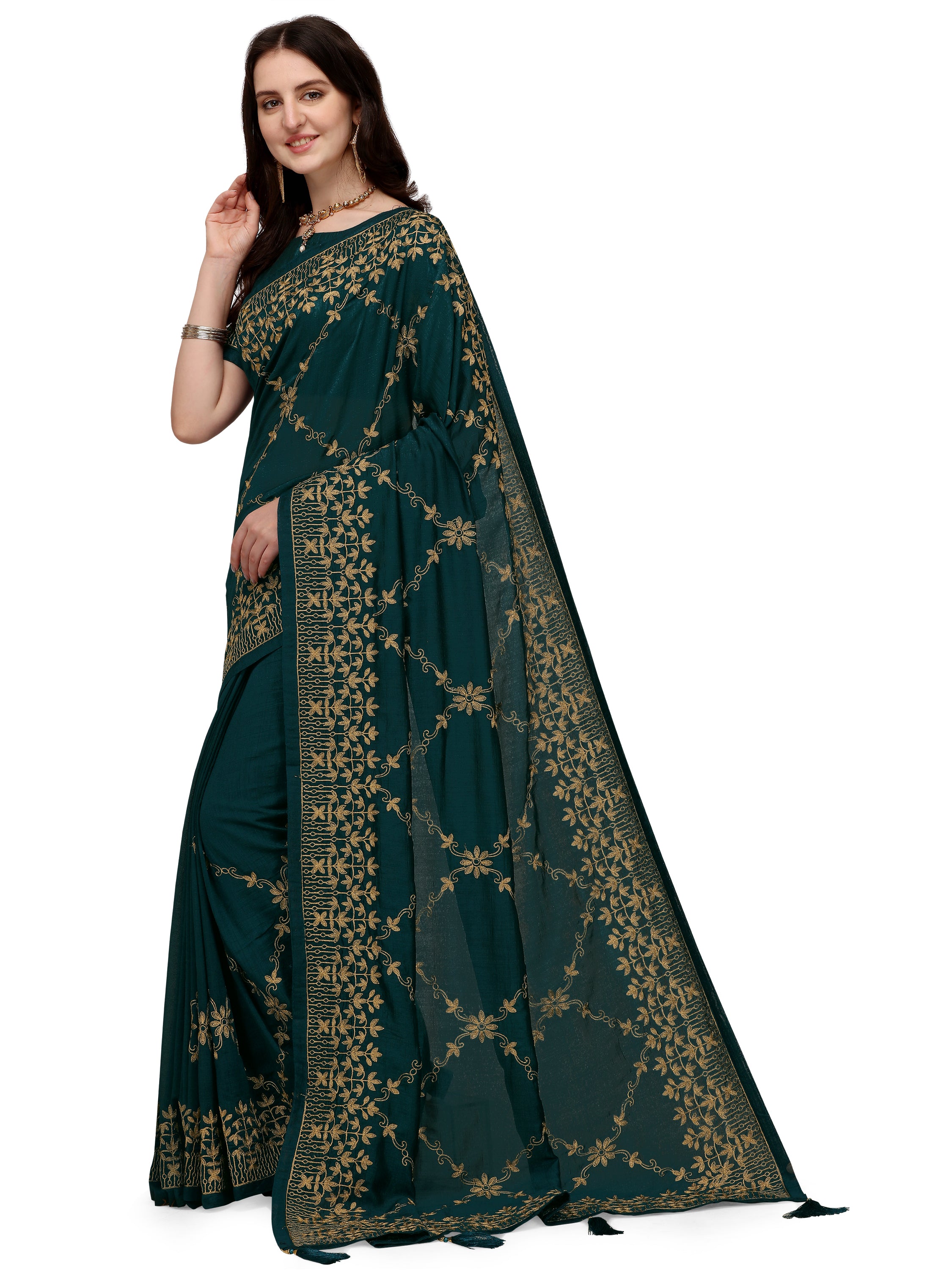 Women's Silk Blend Sari Having Ahir Embroider Detailed Pallu With Blouse Piece (Blue) - NIMIDHYA