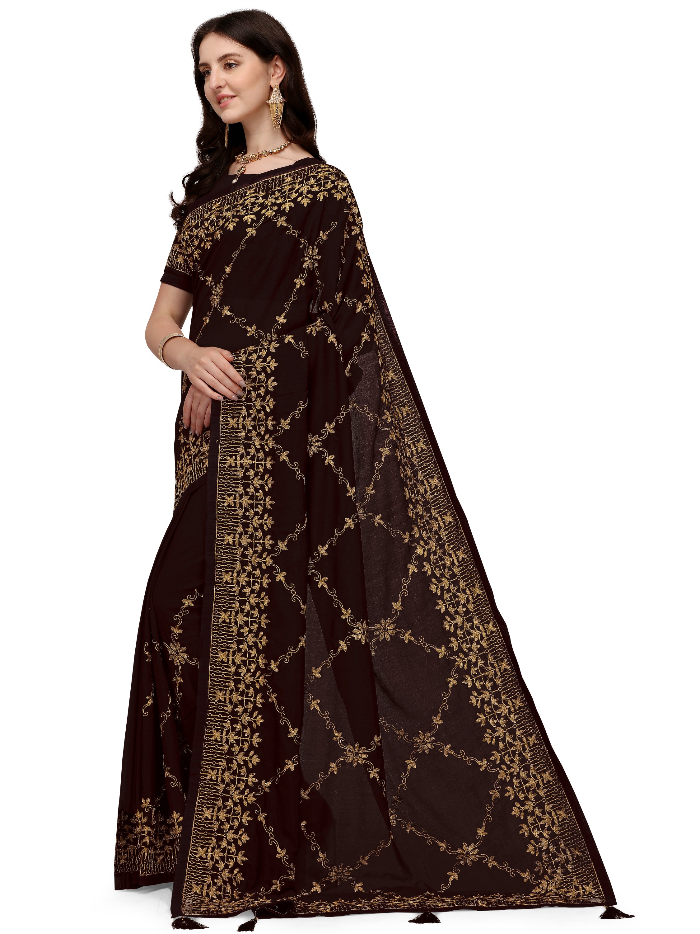 Women's Silk Blend Sari Having Ahir Embroider Detailed Pallu With Blouse Piece (Coffee Brown) - NIMIDHYA