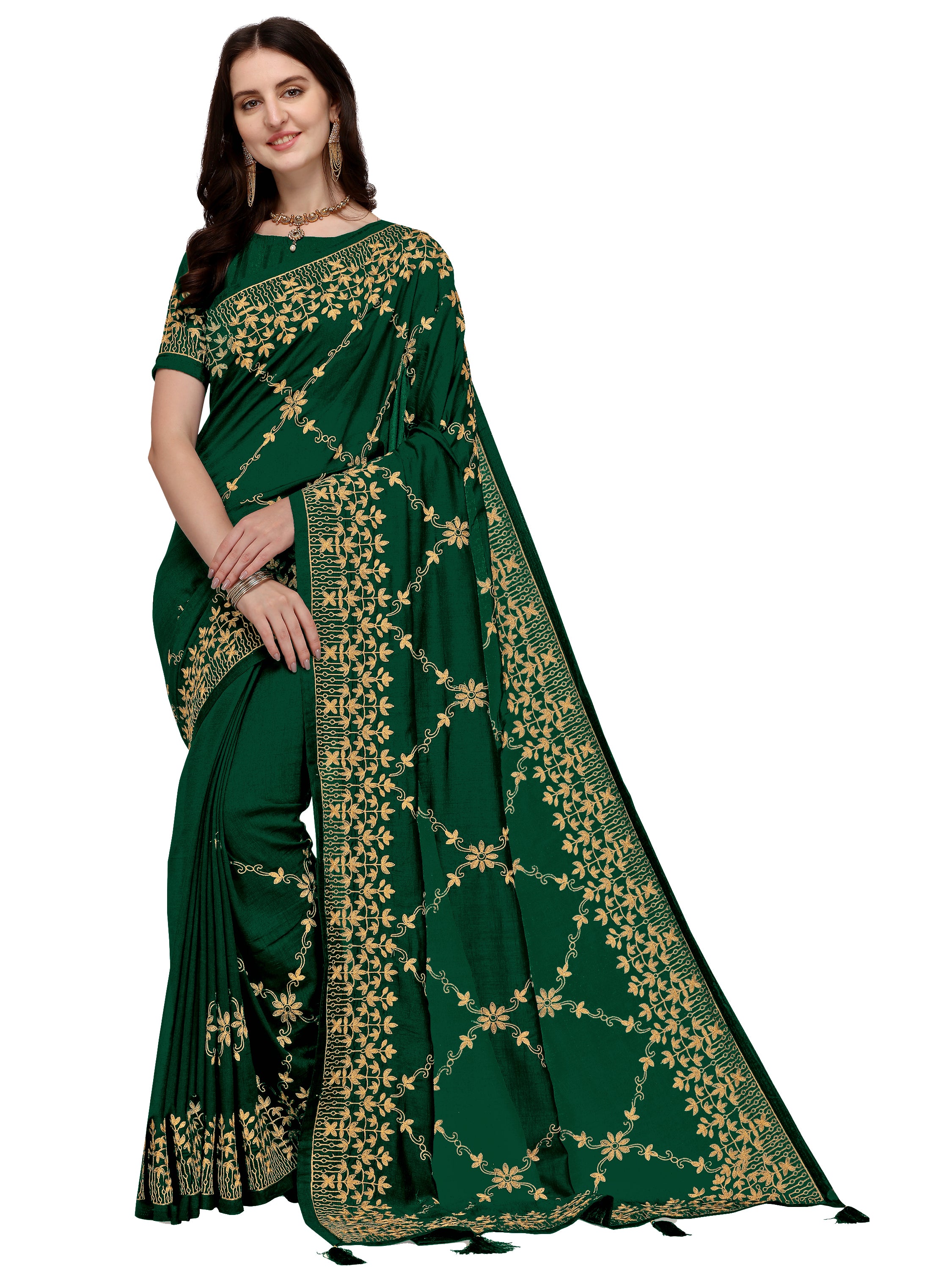 Women's Silk Blend Sari Having Ahir Embroider Detailed Pallu With Blouse Piece (Green) - NIMIDHYA