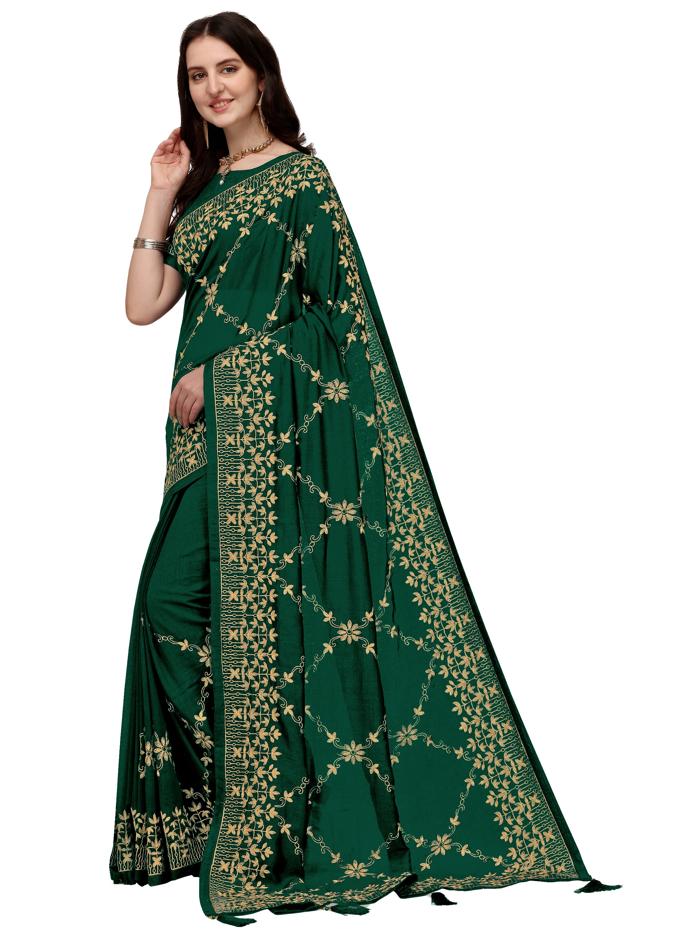 Women's Silk Blend Sari Having Ahir Embroider Detailed Pallu With Blouse Piece (Green) - NIMIDHYA