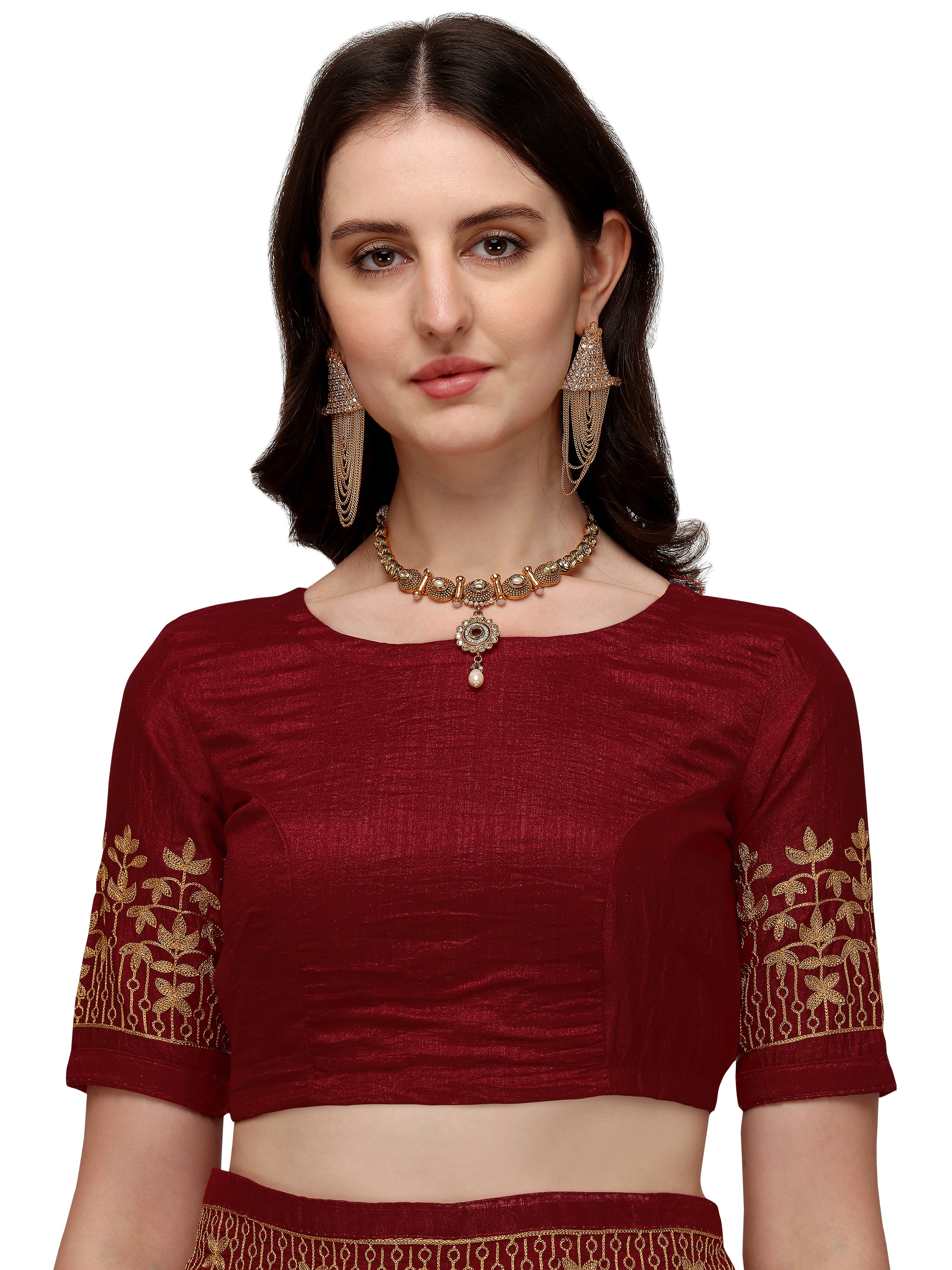 Women's Silk Blend Sari Having Ahir Embroider Detailed Pallu With Blouse Piece (Maroon) - NIMIDHYA