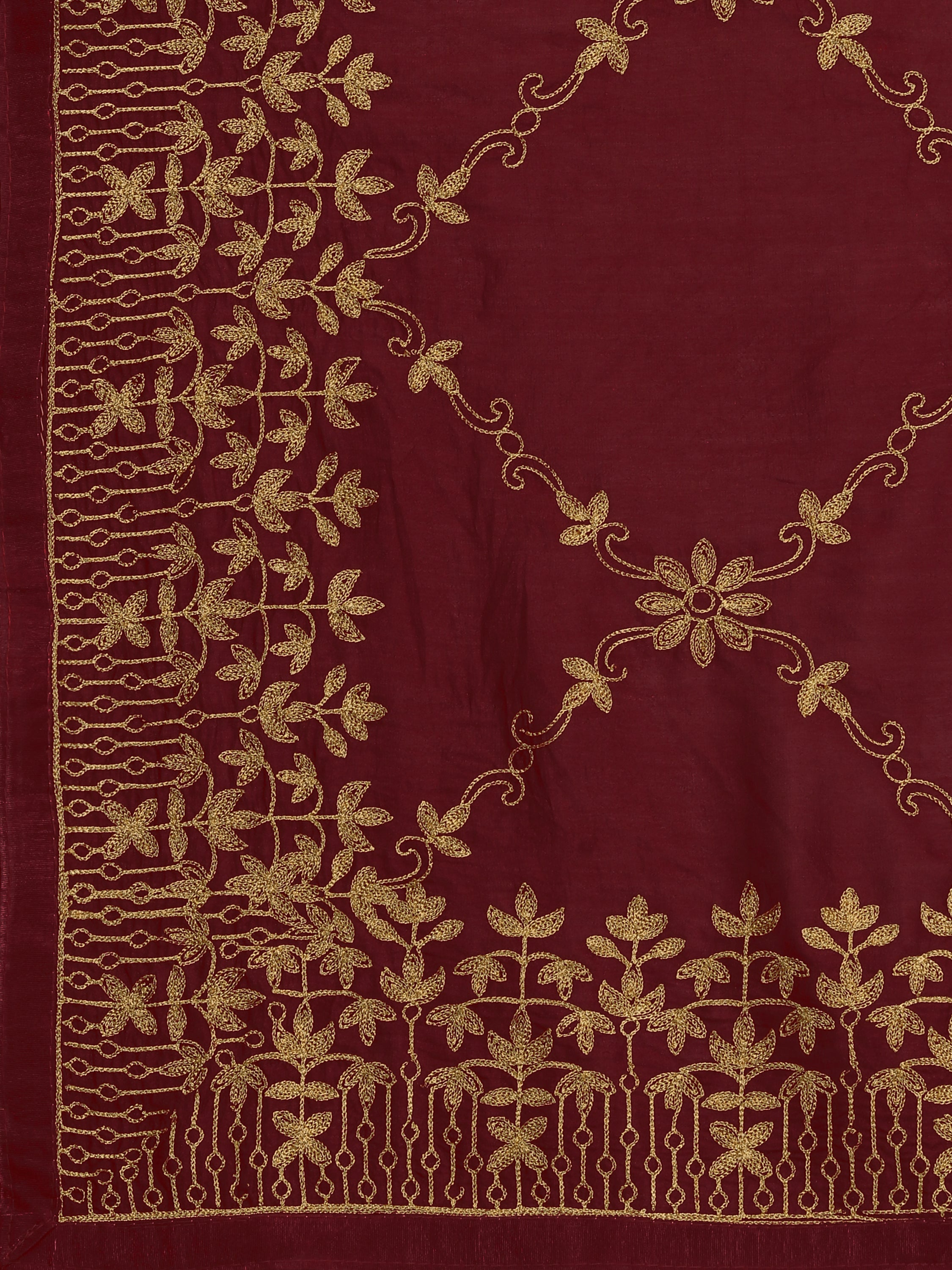 Women's Silk Blend Sari Having Ahir Embroider Detailed Pallu With Blouse Piece (Maroon) - NIMIDHYA
