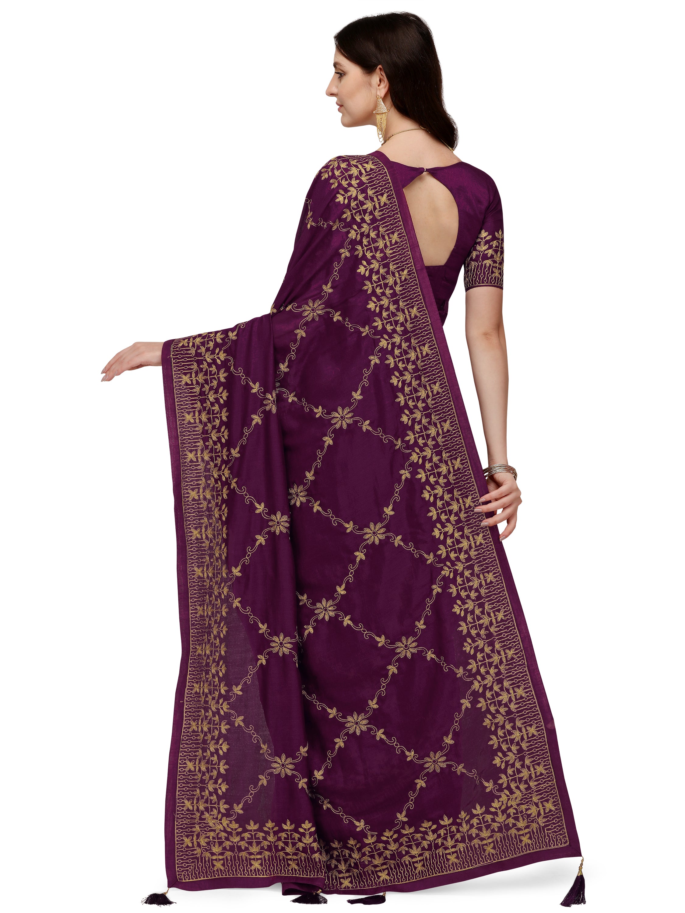 Women's Silk Blend Sari Having Ahir Embroider Detailed Pallu With Blouse Piece (Purple) - NIMIDHYA