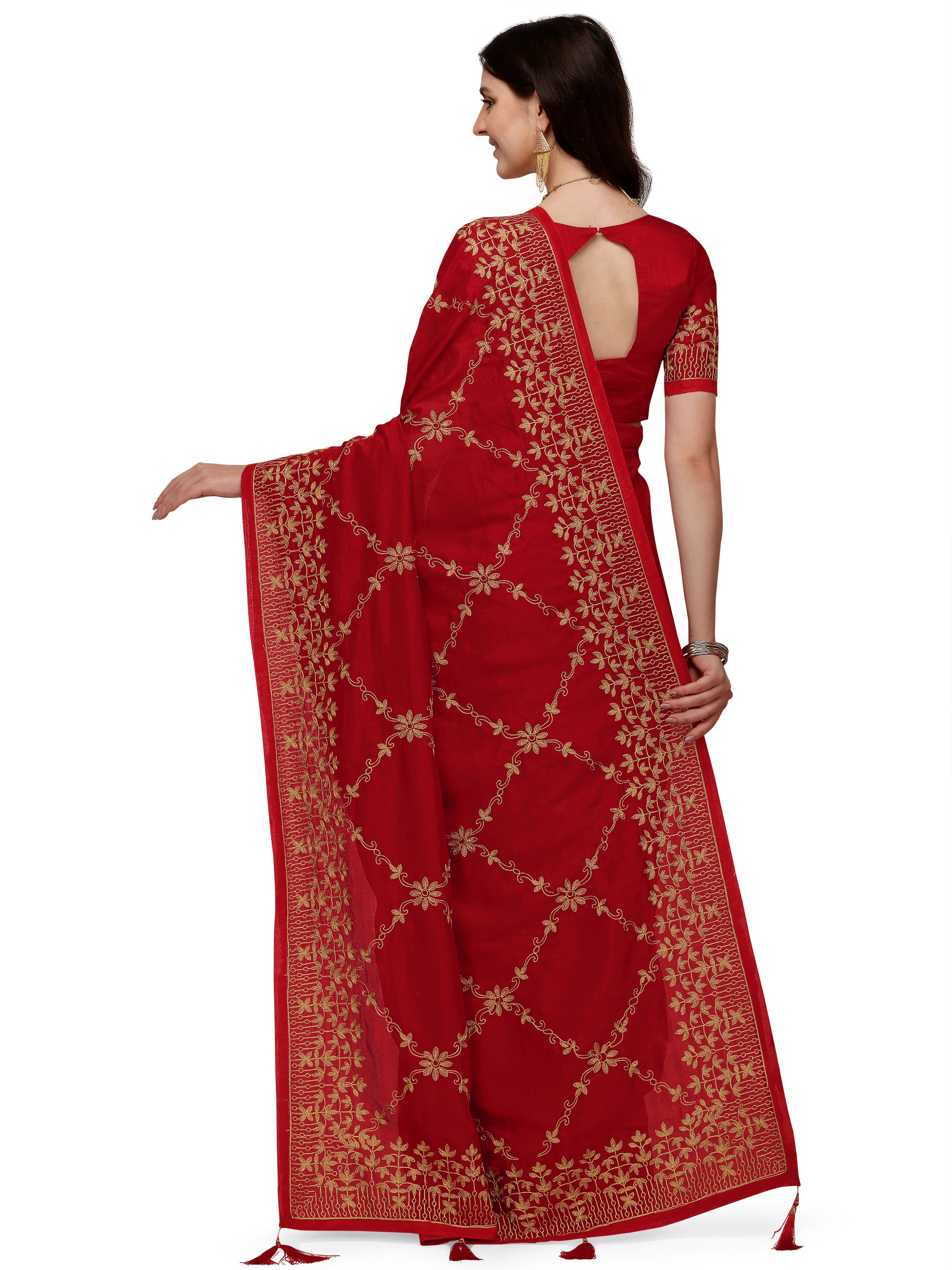 Women's Silk Blend Sari Having Ahir Embroider Detailed Pallu With Blouse Piece (Red) - NIMIDHYA