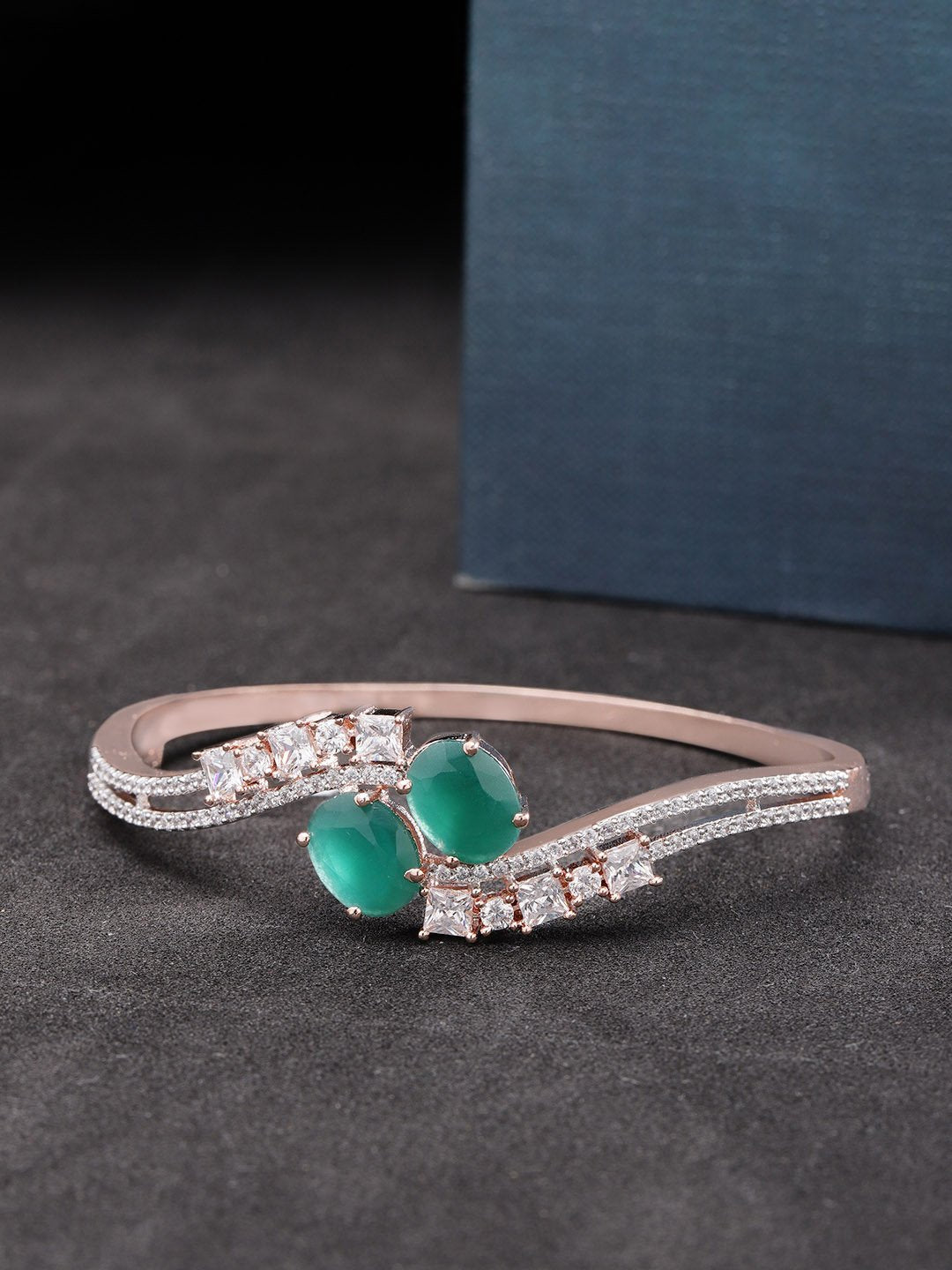 Women's Rose Gold-Plated American Diamond and Emerald Studded Bracelet in Green Color