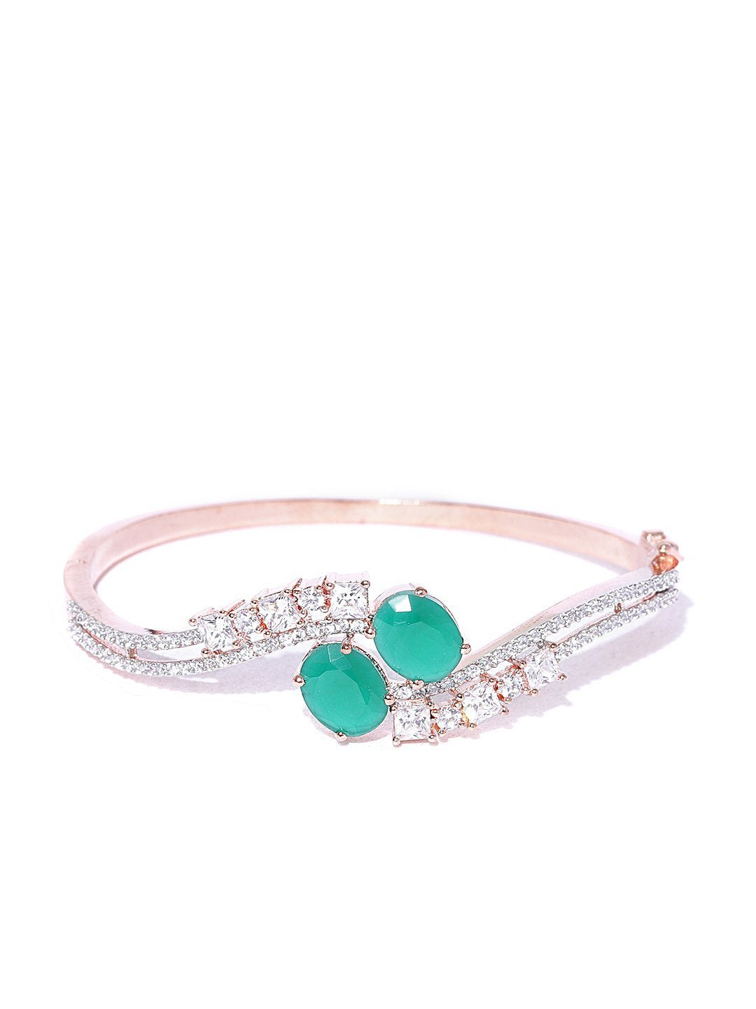 Women's Rose Gold-Plated American Diamond and Emerald Studded Bracelet in Green Color